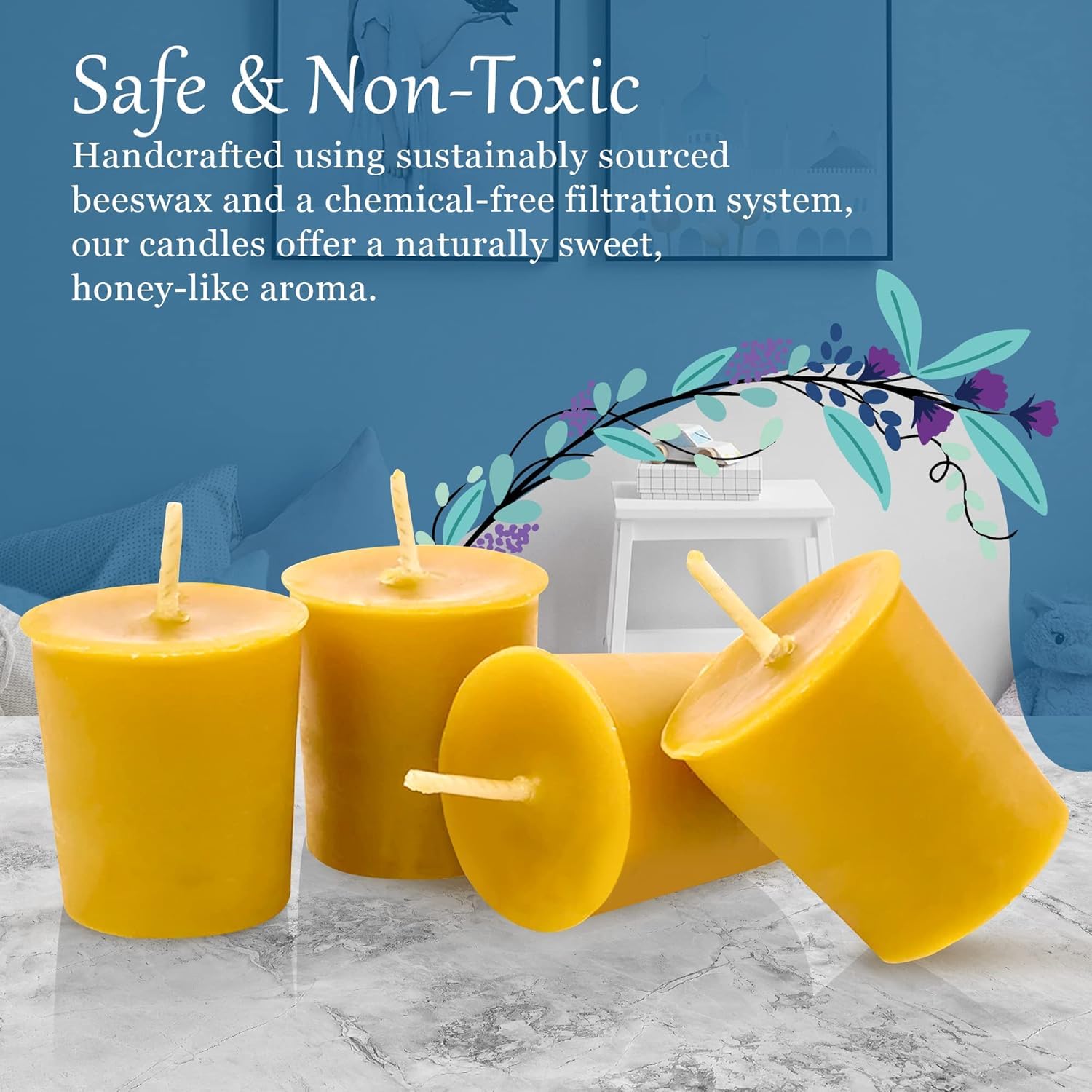 24 Pack Pure Beeswax Votive Candles - 100% Natural Unscented with Light Honey Aroma - 15 Hour Burn Time - Eco-Friendly for Home Decor, Wedding Centerpieces & Relaxation Therapy