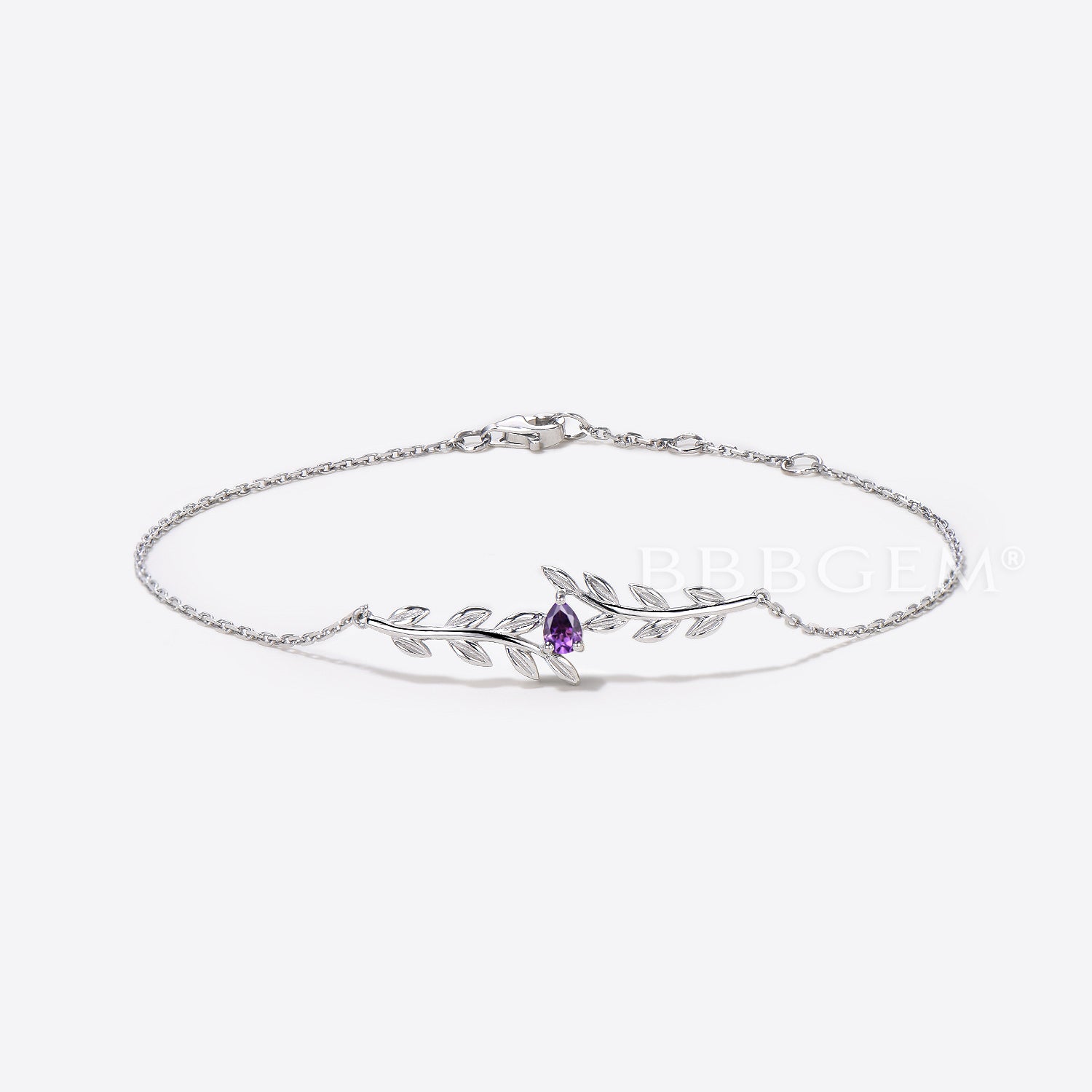 Natural Pear Shaped Amethyst Bracelet in White Gold with Twig Leaf Design - Elegant Jewelry for Women, Perfect for Weddings, Anniversaries & Special Occasions