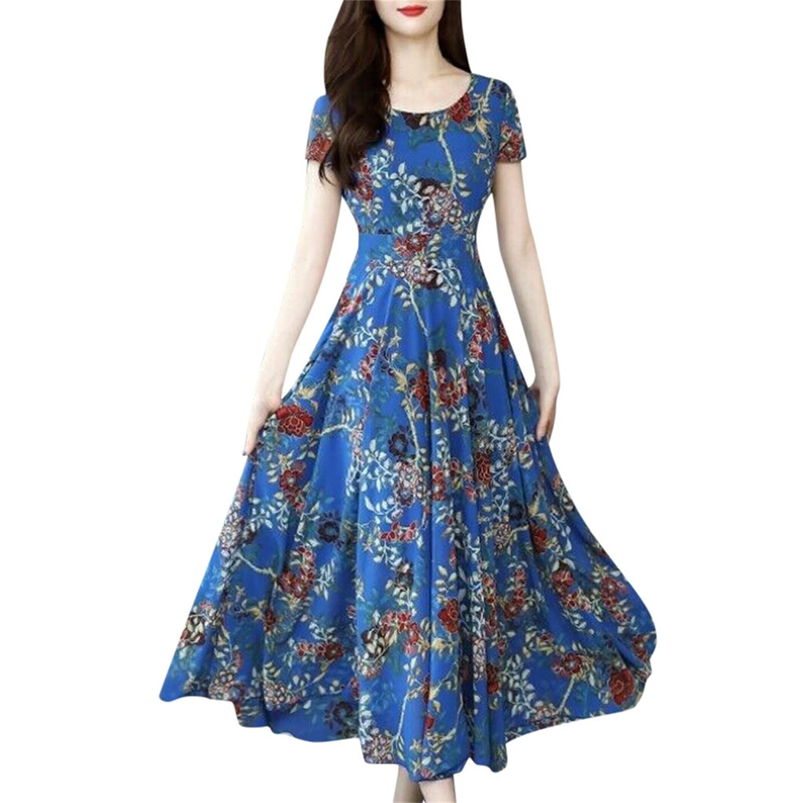 Women's Floral Print Wrap Dress - Short Sleeve O-Neck Ankle Length Summer Dress for Beach, Vacation & Casual Outings