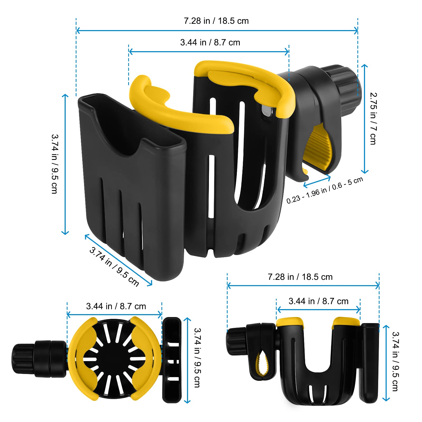 **Accmor Universal 2-in-1 Cup & Phone Holder for Strollers, Bikes, Walkers & Wheelchairs - Black & Yellow - Perfect for Parents, Cyclists & Seniors On-the-Go**