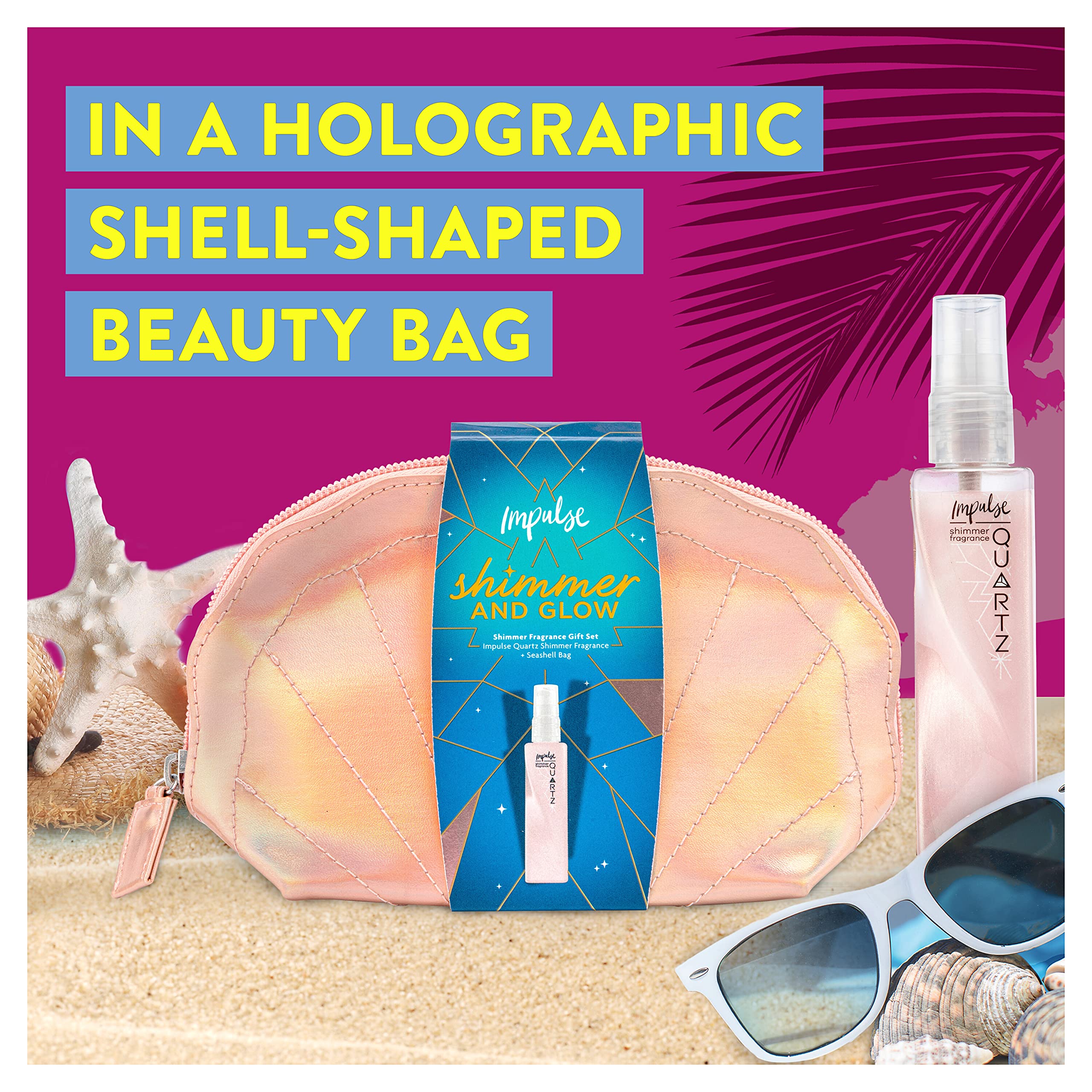 Impulse Shimmer and Glow Fragrance Gift Set - Festive Body Mist & Seashell Makeup Bag | Perfect for Holidays, Parties & Special Occasions