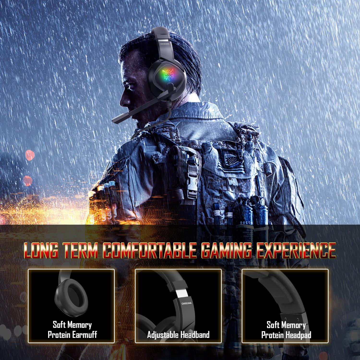 ONIKUMA K19 Professional Gaming Headset with RGB LED Lights - Noise Cancelling Mic, Comfortable Ear Cushions for PC, PS4, Xbox - Perfect for FPS Games & Late Night Gaming Sessions