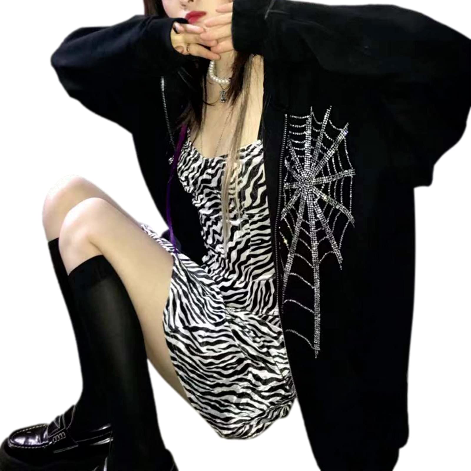 Tsnbre Women's Oversized Rhinestone Spider Web Print Zip Up Sweatshirt | Y2K Streetwear Jacket | Halloween Costume & Casual Outfit
