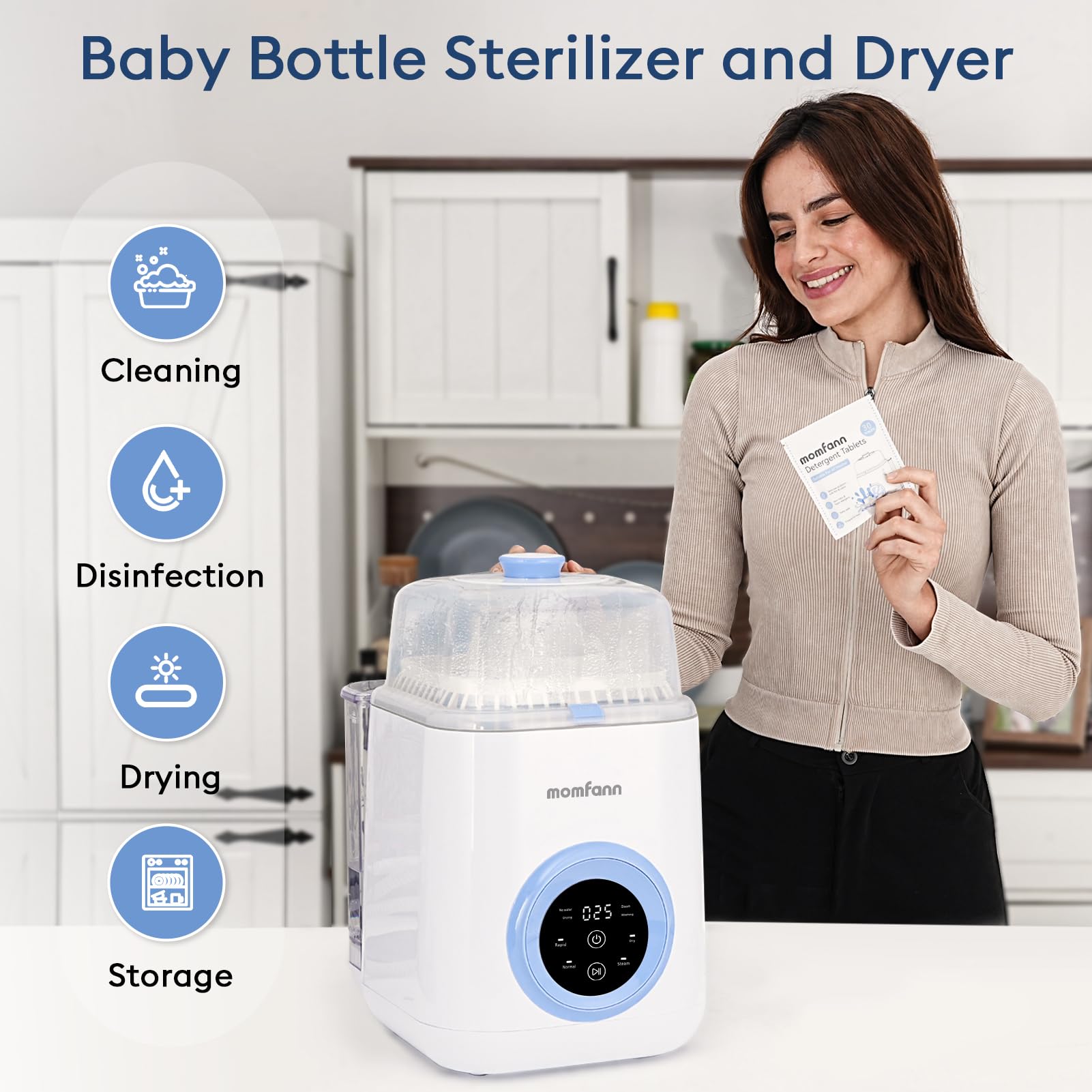 4-in-1 Baby Bottle Sterilizer and Dryer with 2 Wash Modes | Fast Cleaning & Drying | Effortless Bottle Sterilization for Busy Parents | Perfect for Daycare, Travel & Home Use (Blue)
