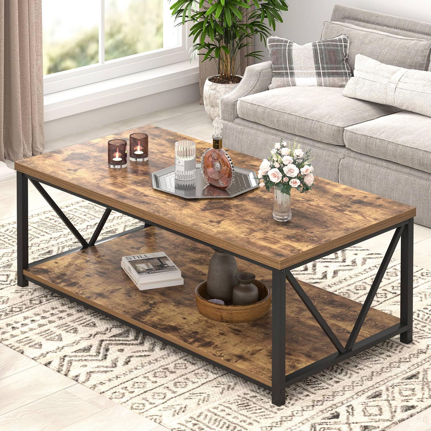 EXCEFUR Modern Coffee Table - Rustic Wood & Metal Living Room Table with Storage Shelf, Industrial Rectangle Center Table, 47 Inch Brown - Perfect for Small Spaces, Apartments & Farmhouse Decor