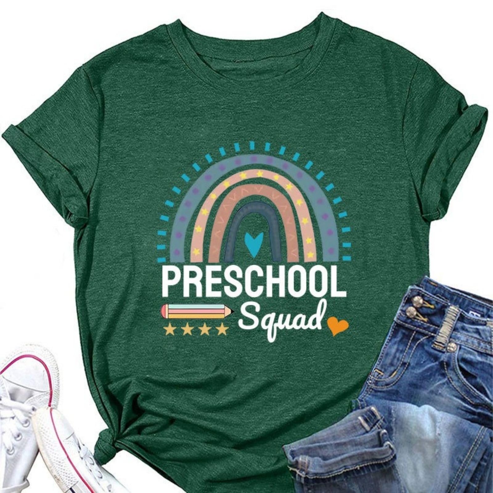Preschool Squad T-Shirt for Women Teachers - Rainbow Crew Tee for Classroom & School Events