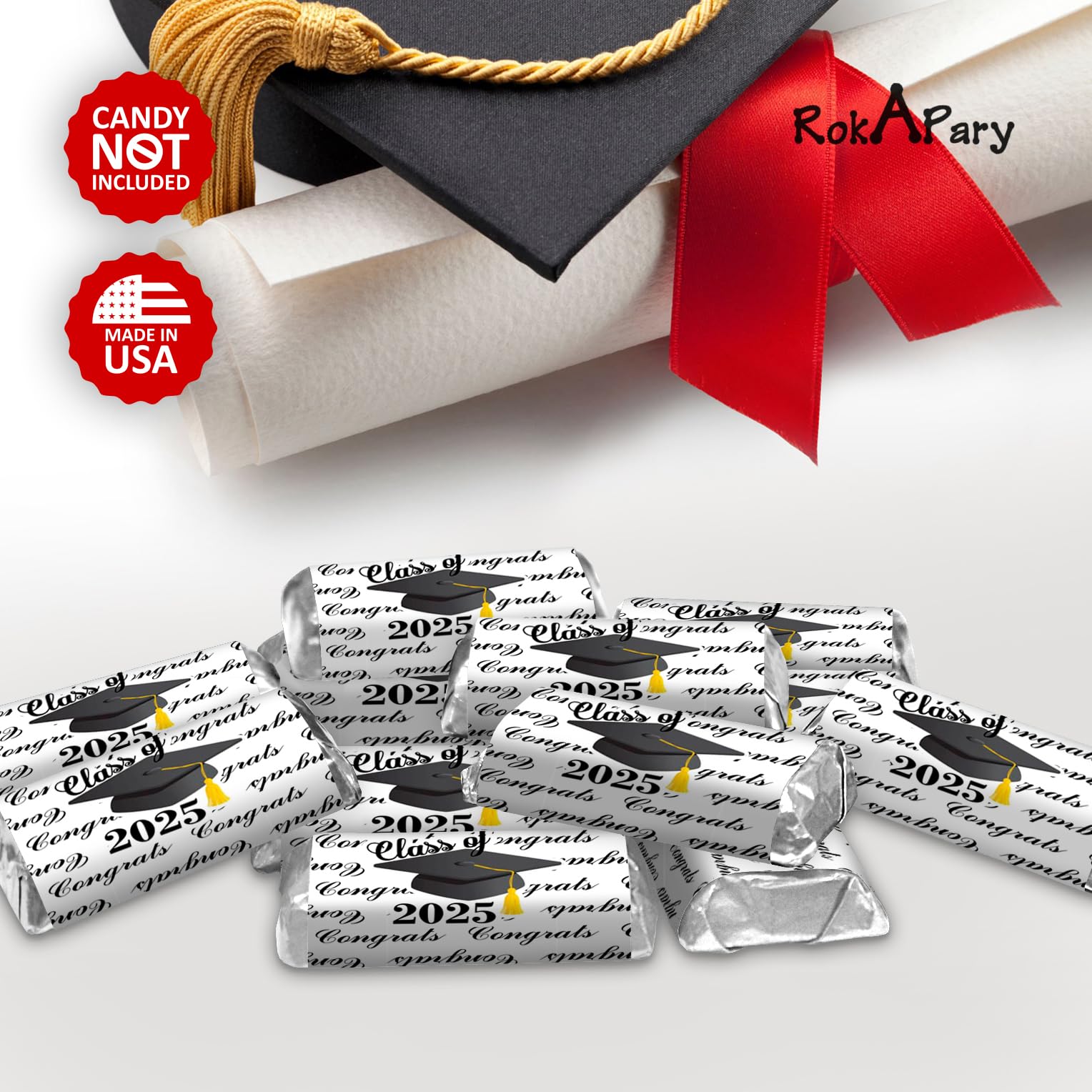 60pcs Class of 2025 Graduation Cap Mini Candy Bar Wrappers - Black Chocolate Bar Stickers & Labels (Candy Not Included) | USA Made | Perfect for Graduation Parties, School Events & Celebration Favors