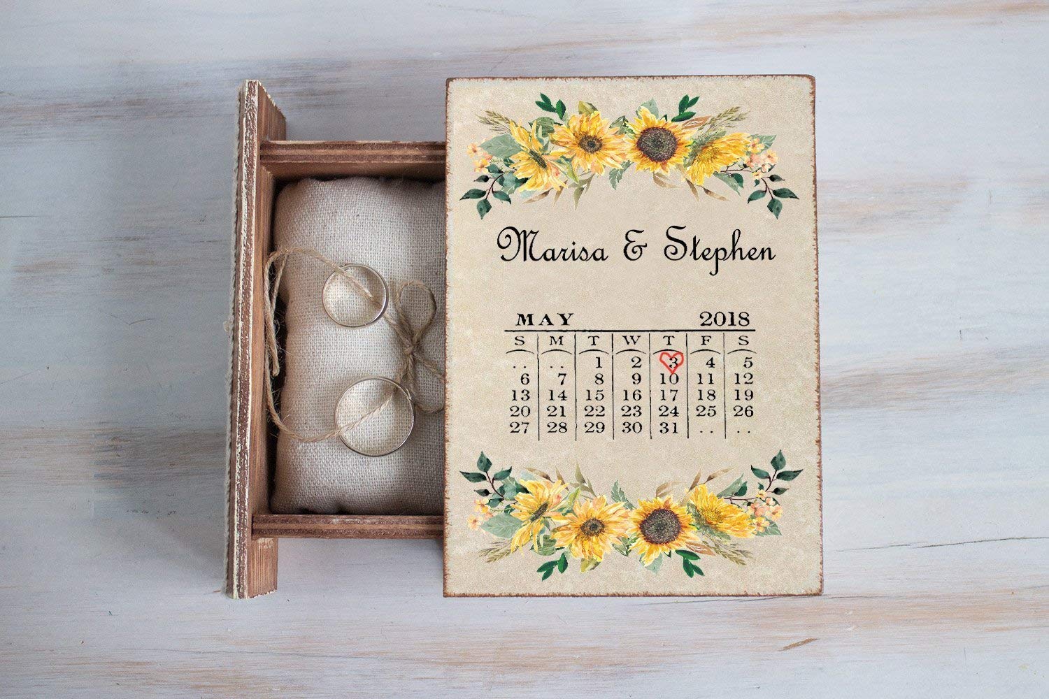 Custom Personalized Wedding Ring Box - Save the Date Keepsake Box for Ring Bearer | Sunflower-Themed Wedding Gift & Jewelry Holder | Perfect for Summer Weddings, Anniversaries & Proposals