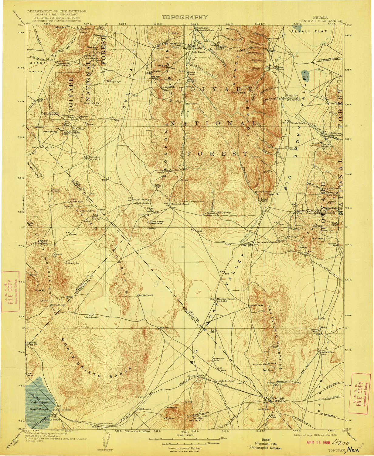 Vintage 1908 Tonopah NV Topographic Map - 1:250000 Scale, 1x1 Degree, Updated 1922 - 19.7x16.2 Inch Historical Nevada Map for Hiking, Geology & Wall Decor