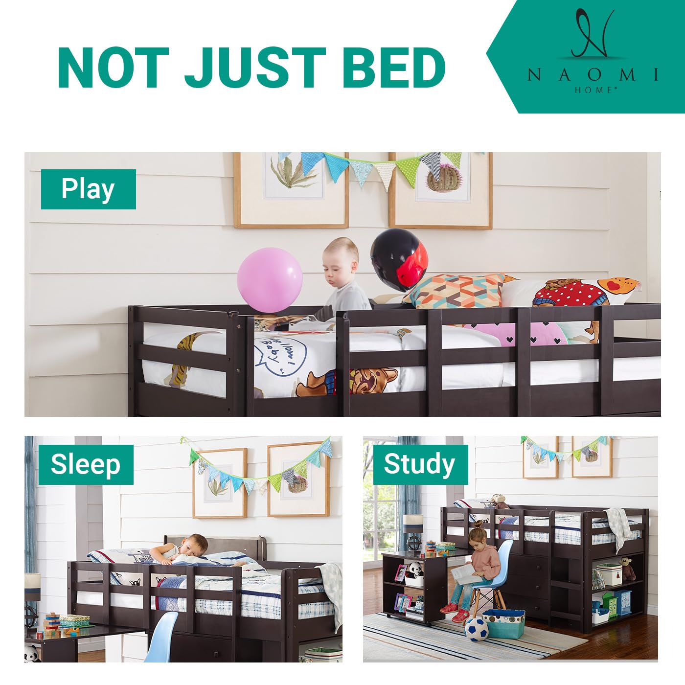 Naomi Home Twin Size Loft Bed with Desk & Storage - Pine Wood Study Bed for Kids with Safety Guard Rails, Bookcase Shelf & Cabinet Ladder - Espresso Finish - Perfect for Small Bedrooms, Dorm Rooms & Kids' Study Spaces