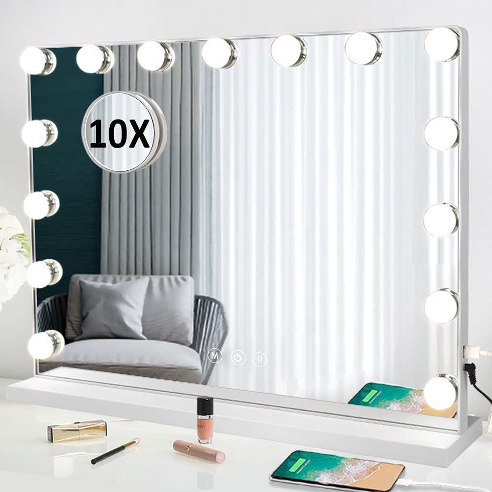 Hollywood Vanity Mirror with Lights - 23 Inch Large LED Makeup Mirror with Smart Touch Control, 15 Dimmable USB-Powered Lights for Dressing Room, Bedroom, Bathroom & Tabletop - White (Perfect for Makeup Application, Skincare Routine & Hairstyling)