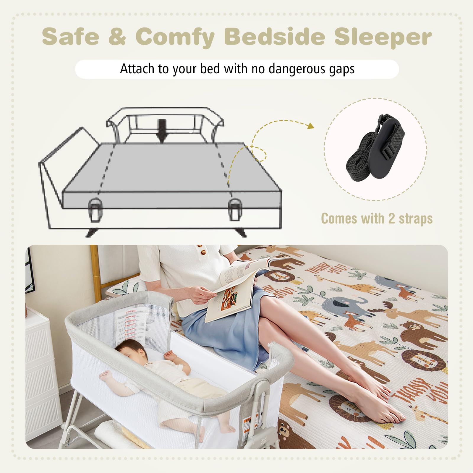 Baby Joy Portable Bassinet Bedside Sleeper - Foldable Baby Crib with Breathable Mesh Sides, Storage Shelf & Travel Bag - 7 Adjustable Heights for Safe Co-Sleeping - Includes Mattress - Ideal for Newborns & Infants (Gray) - Perfect for Nursery, Bedroom & Travel Use