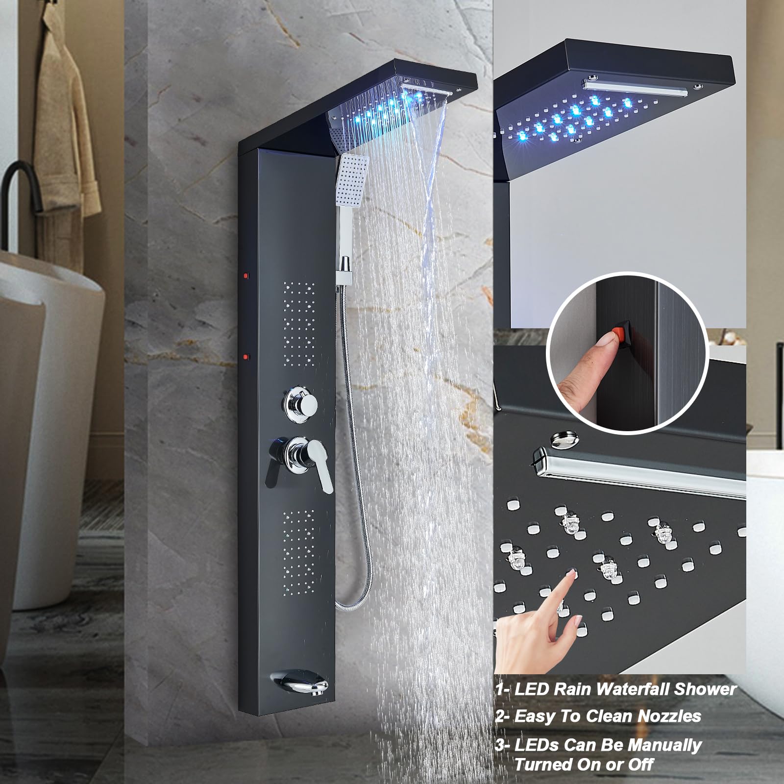 Modern Black LED Rainfall Shower Panel Tower with Waterfall Shower Head - Stainless Steel Wall Mounted Full Body Shower System for Spa-Like Bathroom Experience | Perfect for Master Bathrooms, Luxury Showers & Contemporary Home Upgrades