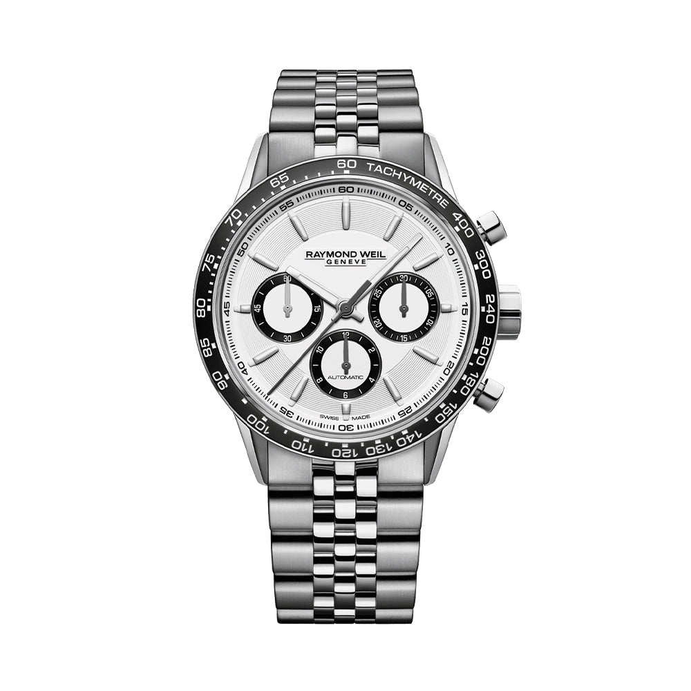 Freelancer Automatic Chronograph Watch - 43.5mm Ceramic Bezel, White Dial, Stainless Steel Bracelet - Perfect for Business, Casual & Formal Occasions