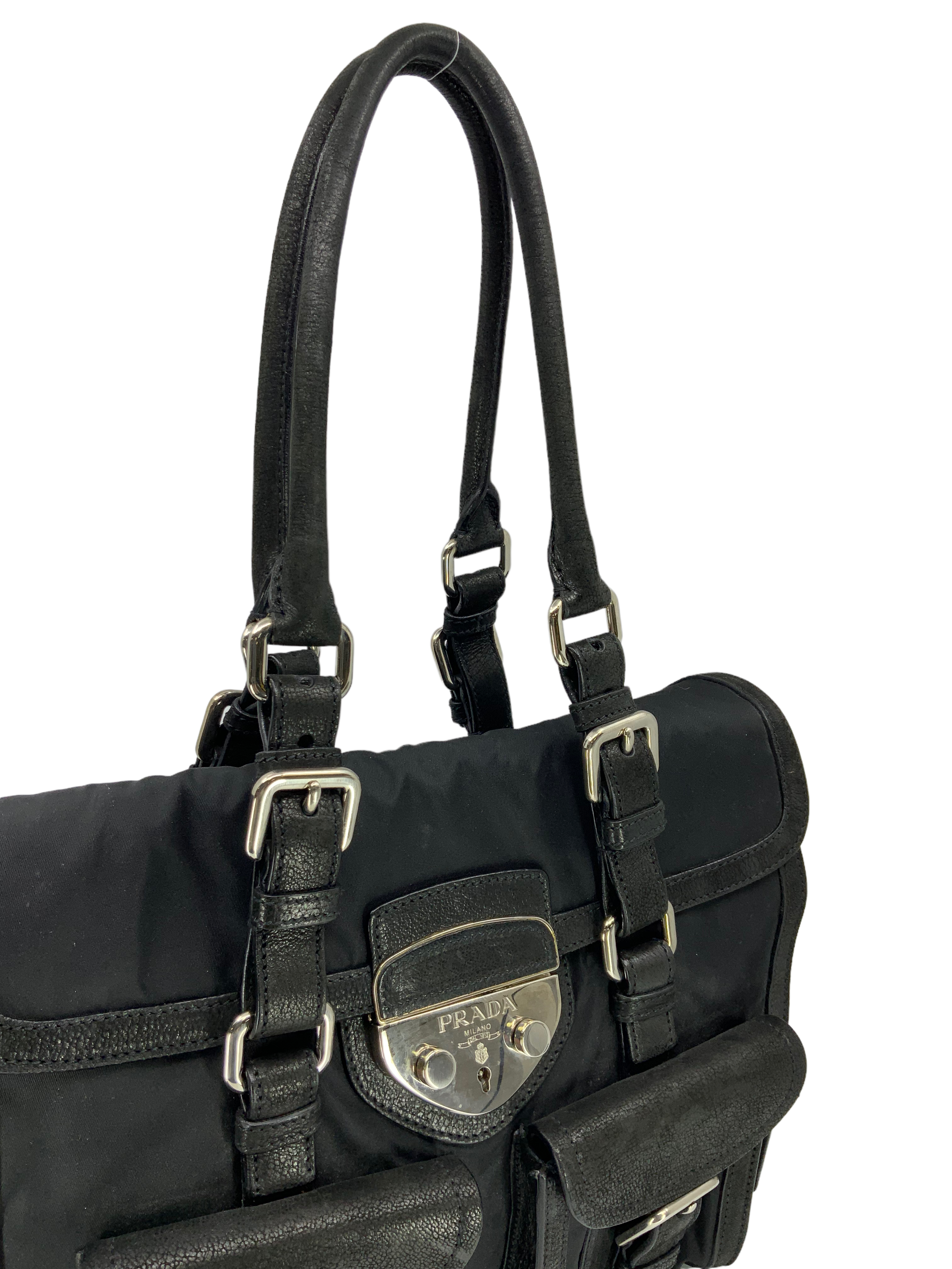 Prada Nylon and Leather Crossbody Bag with Front Pocket - Luxury Designer Handbag for Women | Perfect for Work, Travel & Everyday Use