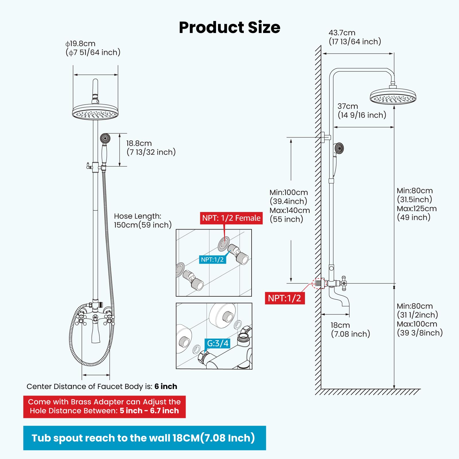 Gotonovo 8 Inch Round Rain Shower Head with Double Cross Handle & Tub Spout - 3 Function Wall Mounted Bathroom Shower Faucet Set in Antique Brass - Perfect for Modern & Vintage Bathroom Renovations