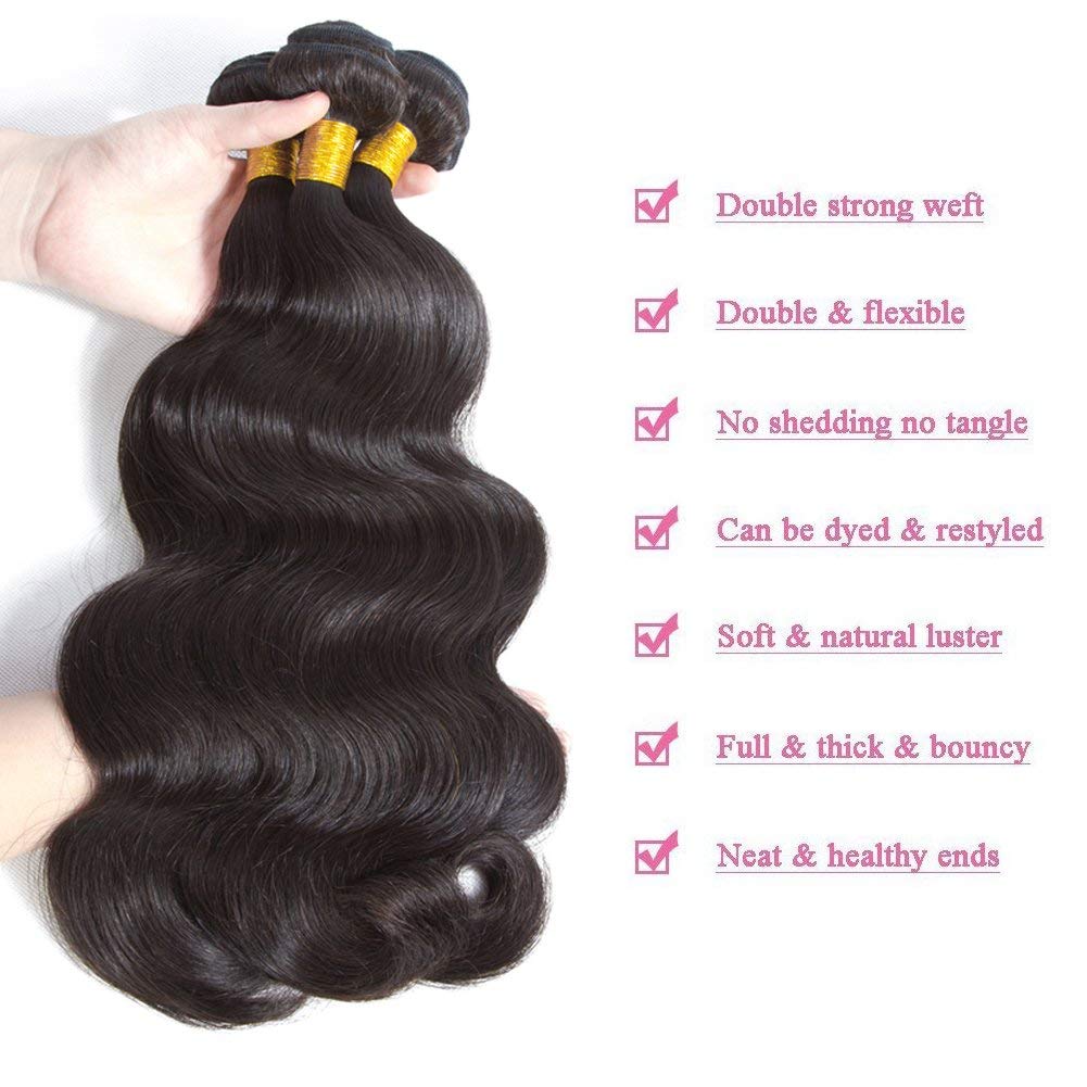 24 26 28 Inch Body Wave Human Hair Bundles - 100% Unprocessed Brazilian Virgin Hair Extensions (3 Bundles, Natural Black) for Styling, Weaving & Everyday Wear