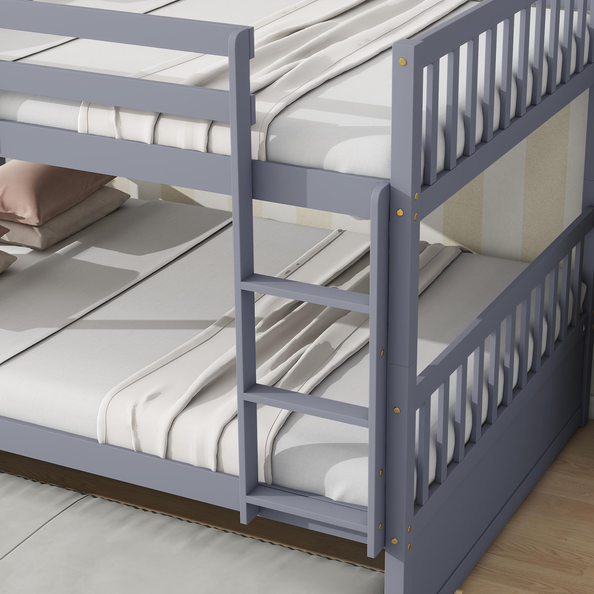 Homsof Full Over Full Bunk Bed with Trundle - Converts to 2 Full Size Platform Beds | Sturdy Ladder & Safety Rails for Kids, Teens & Adults | Space-Saving Grey Bedroom Furniture for Guest Rooms, Dorms & Small Apartments
