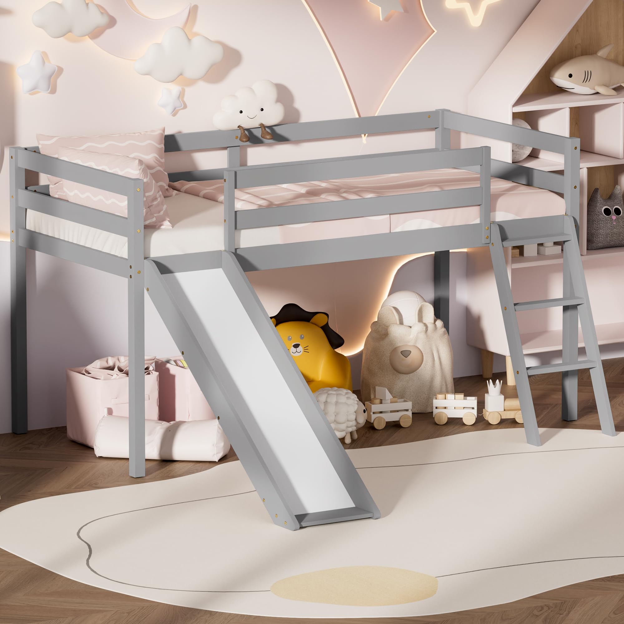 Low Loft Bed with Slide - Wood Twin Loft Bed Frame with Climbing Ladder & Storage Space for Kids & Toddlers (Grey) | Perfect for Small Bedrooms, Playrooms & Dorm Rooms | Space-Saving Kids Furniture with Fun Slide Feature