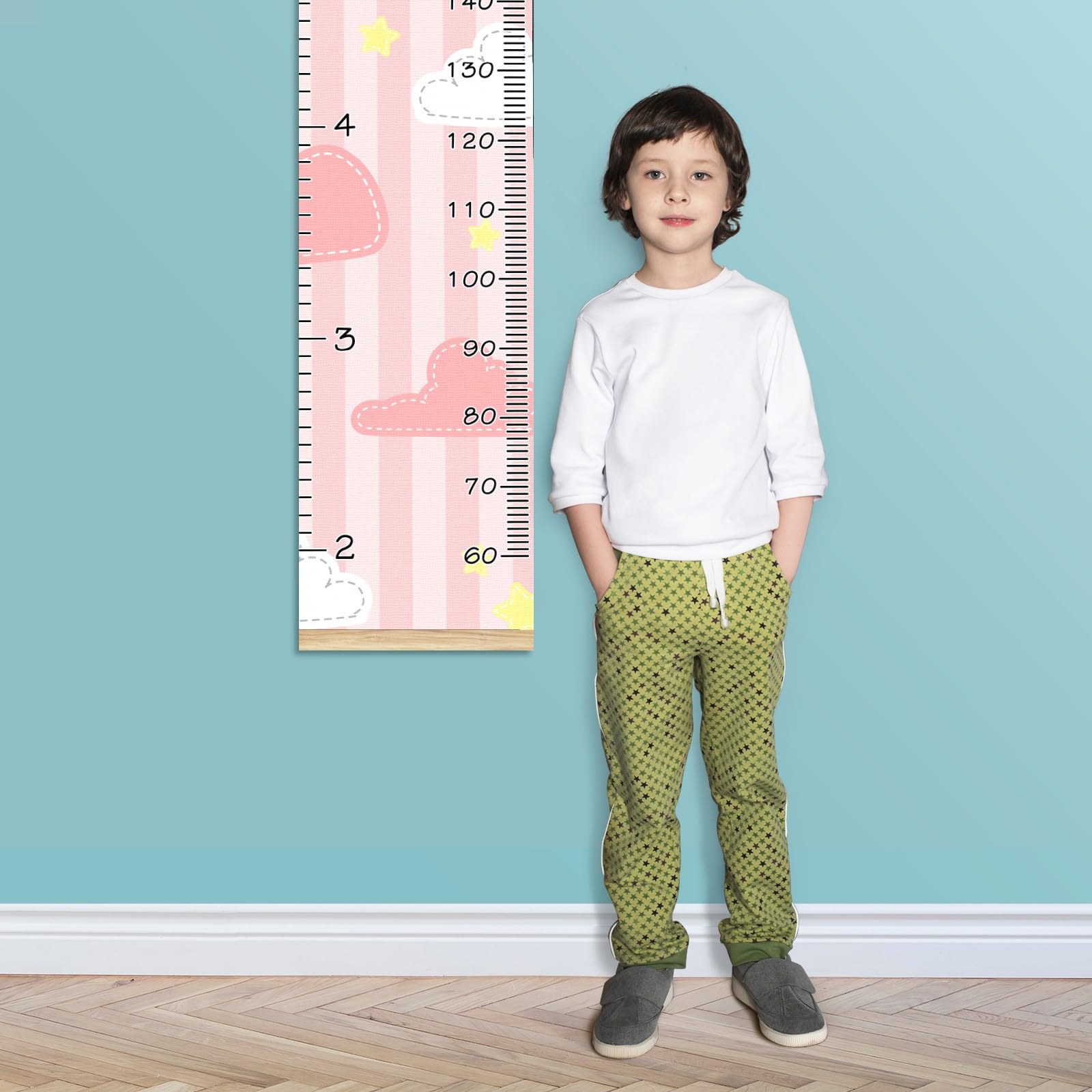 Personalized Kids Name Growth Chart Ruler - Wood Frame Wall Decor for Measuring Child's Height 13.4x56 Inches - Linen Hanging Height Tracker for Nursery & Bedroom - Cute Pink Room Decor for Girls & Boys (Perfect for Baby Showers, Birthdays & Milestone Tracking)