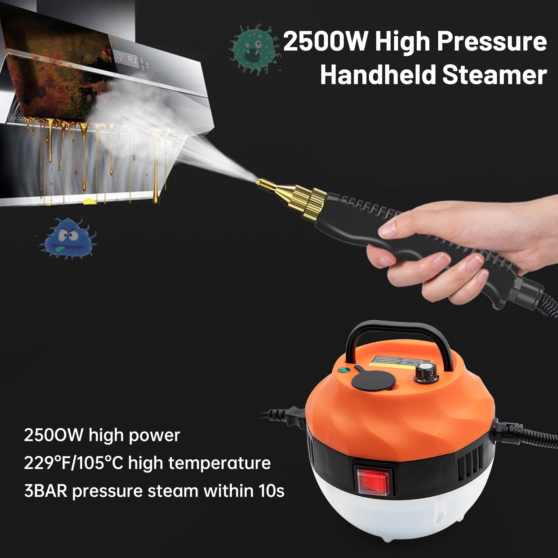 **2500W High Pressure Steam Cleaner for Home - 3 Brush Heads, 2 Washers & Extendable Rod - Handheld Steamer for Upholstery, Kitchen, Bathroom, Floors - Orange & White (Ideal for Deep Cleaning Stains, Grime & Sanitizing Surfaces)**