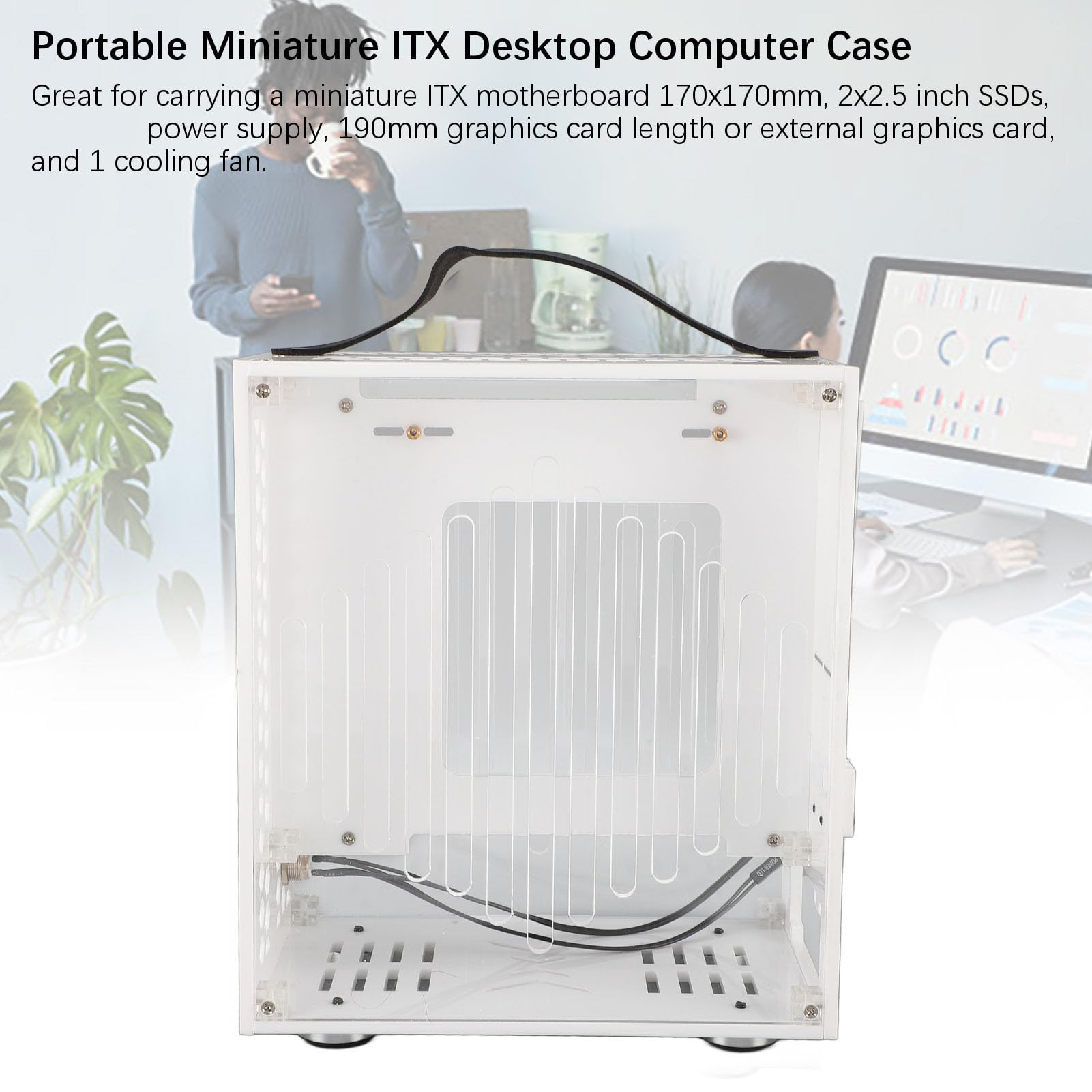 Mini ITX PC Case with Handle - 360° Open Hollow Airflow Design, Transparent Acrylic Gaming Computer Chassis for DIY Builds, Workstation & Home Office (White) | Perfect for Compact Gaming Rigs & Streaming Setups
