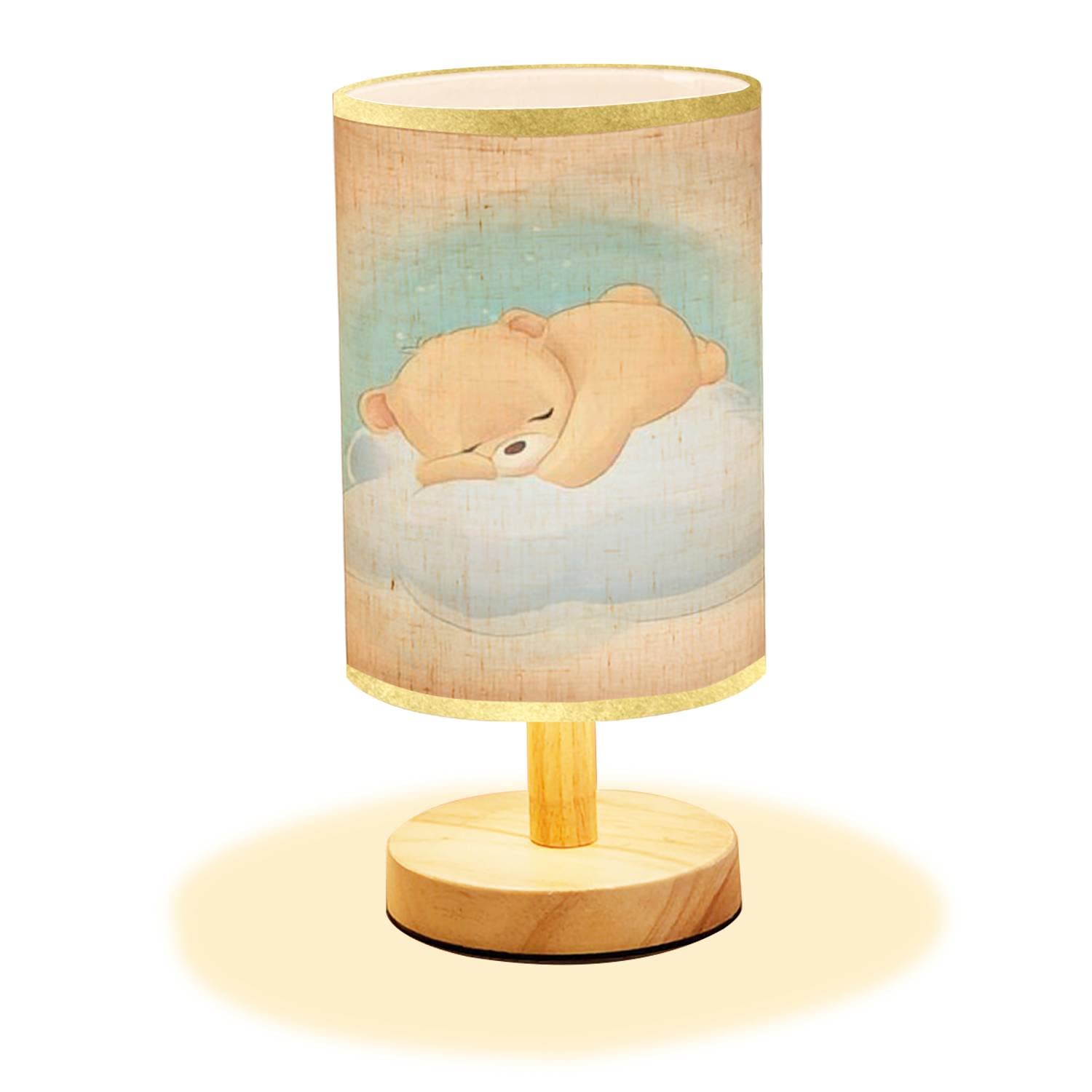 Minimalist Teddy Bear Nightstand Lamp with Wood Base & Flaxen Fabric Shade - Cartoon Watercolor Animal Design for Bedroom, Living Room, Nursery - Perfect for Cozy Reading Nook, Kids' Room Decor & Warm Ambient Lighting
