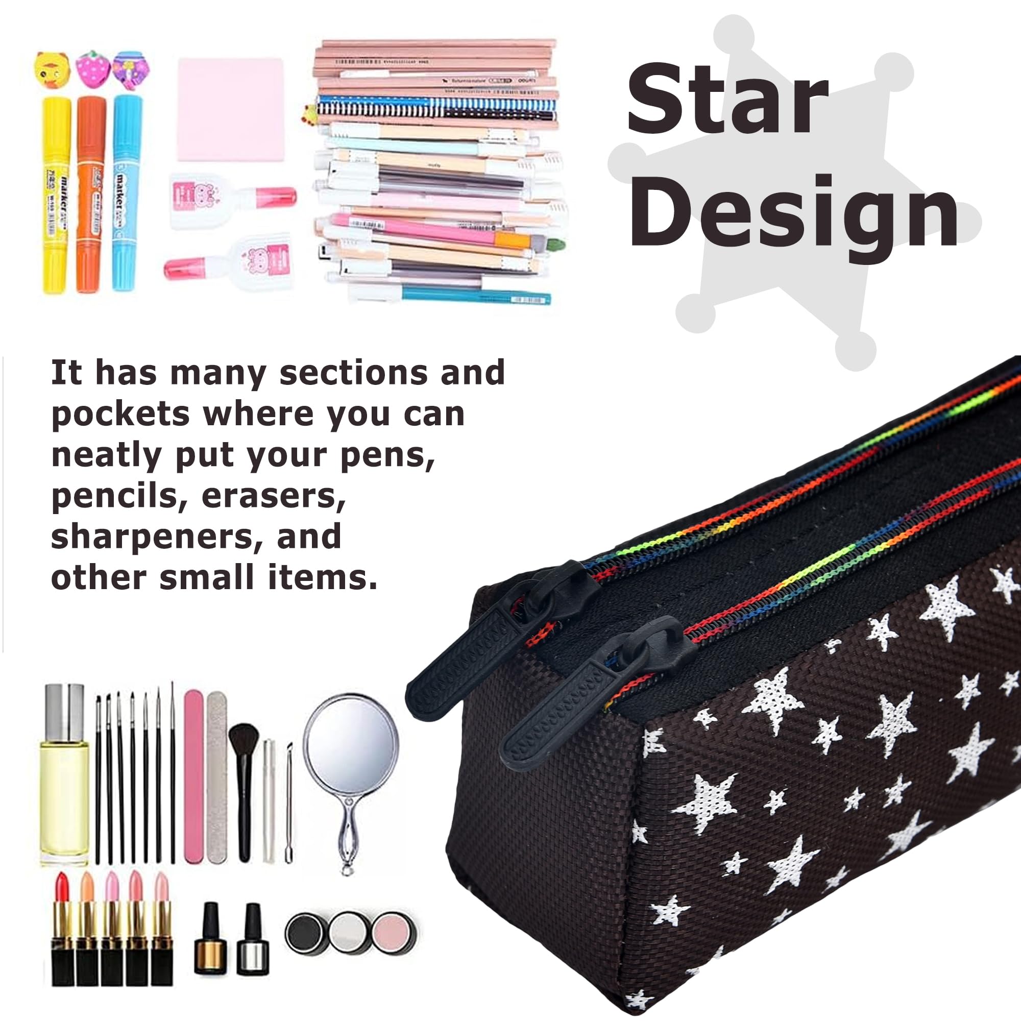 Kuber Industries Makeup Pouch & Cosmetic Bag for Women - Waterproof Travel Toiletry Organizer with Star Design - Jewelry Storage Case - Pack of 2 Black (Perfect for Travel, Gym, and Daily Use)