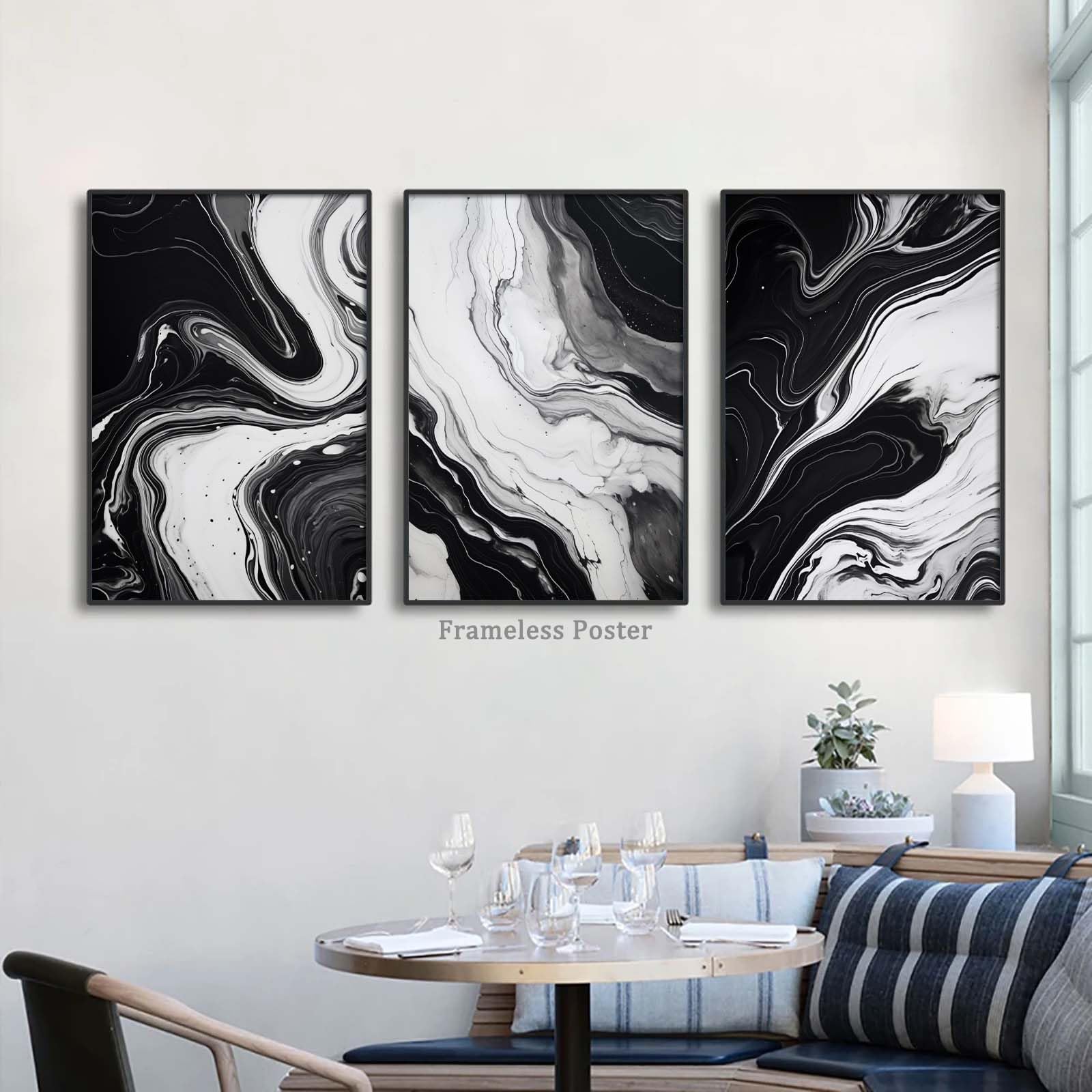 Abstract Black White Gray Marble Canvas Wall Art Set of 3 - 16x24 Inch Modern Painting for Living Room & Bedroom Decor - Frameless Marble Poster for Contemporary Home & Office Interior Design