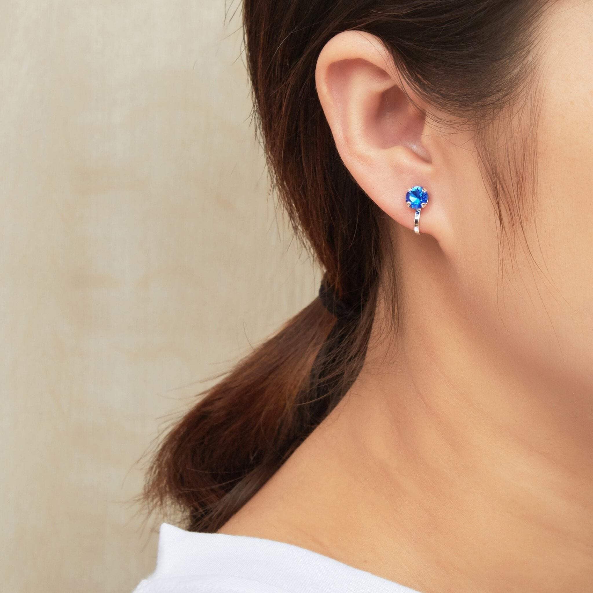 Zirconia Clip-On Earrings for Sensitive Ears - Dark Blue Crystal