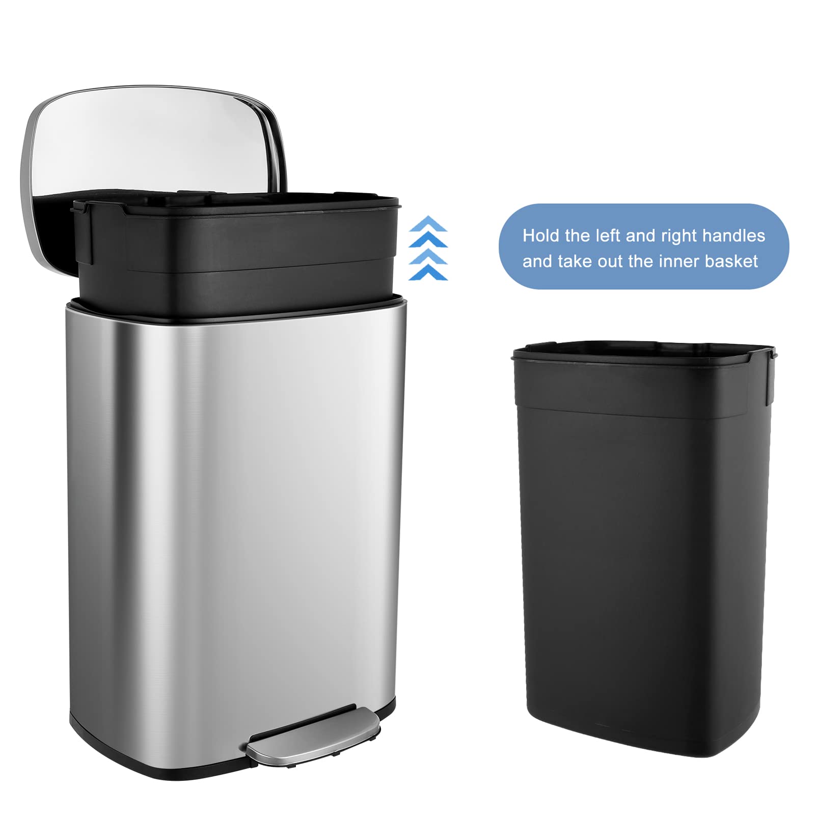 Premium Stainless Steel Trash Can with Silent Lid - 50L Durable Pedal Garbage Bin for Kitchen, Bathroom & Office - Odor-Proof Inner Bucket, Hands-Free Operation (Silver) - Perfect for Home, Restaurant & Commercial Use