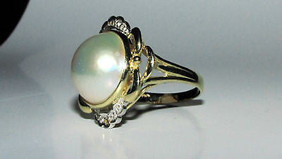 14K Gold Estate Diamonds Mabe Pearl Cocktail Ring – Elegant Vintage Jewelry for Parties, Weddings & Special Occasions
