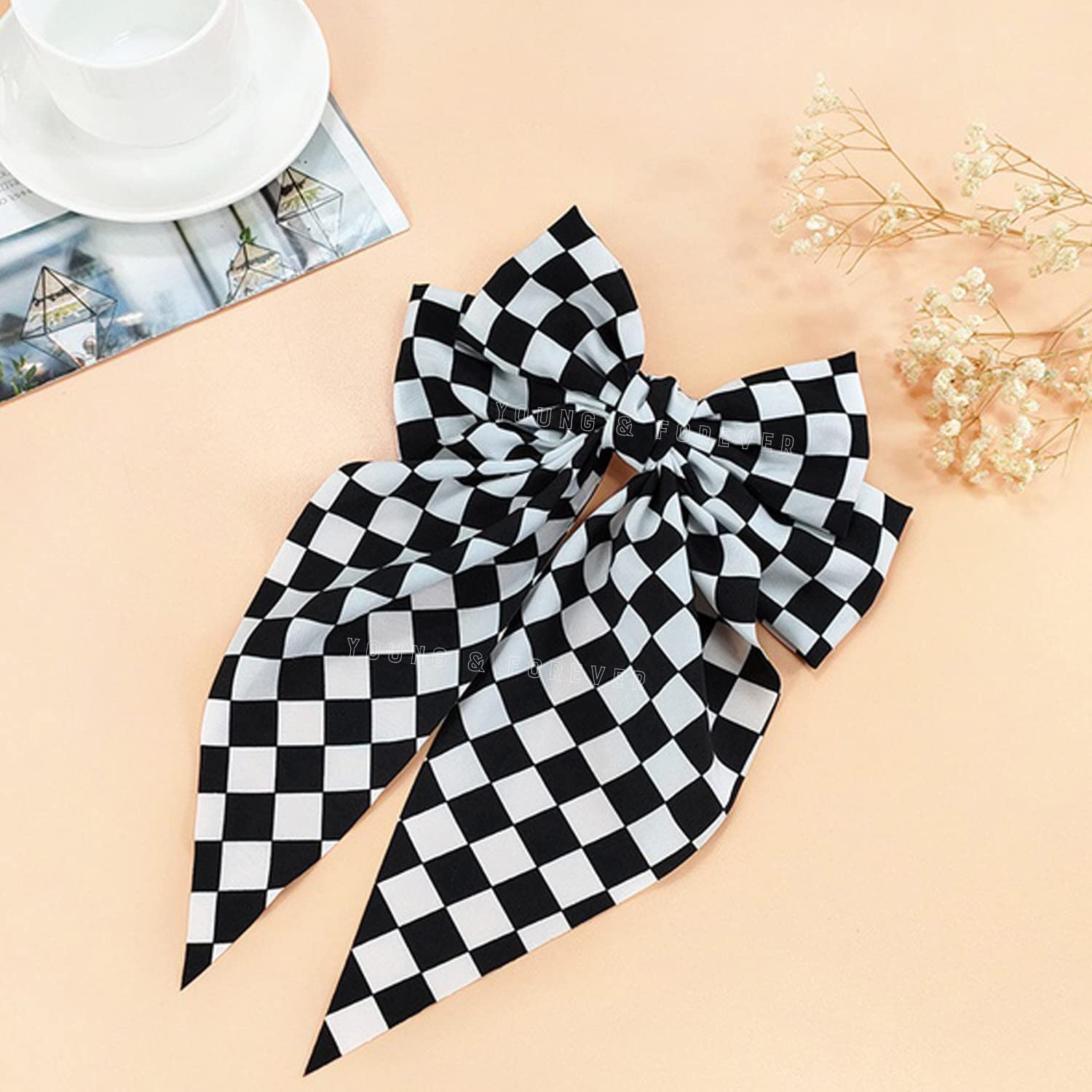 Young & Forever Large Checkered Monochrome Bow Hair Clips for Women - Black and White Hair Barrettes, Hair Accessories & Jewelry for Girls & Women | Perfect for School, Parties, Weddings & Everyday Styling