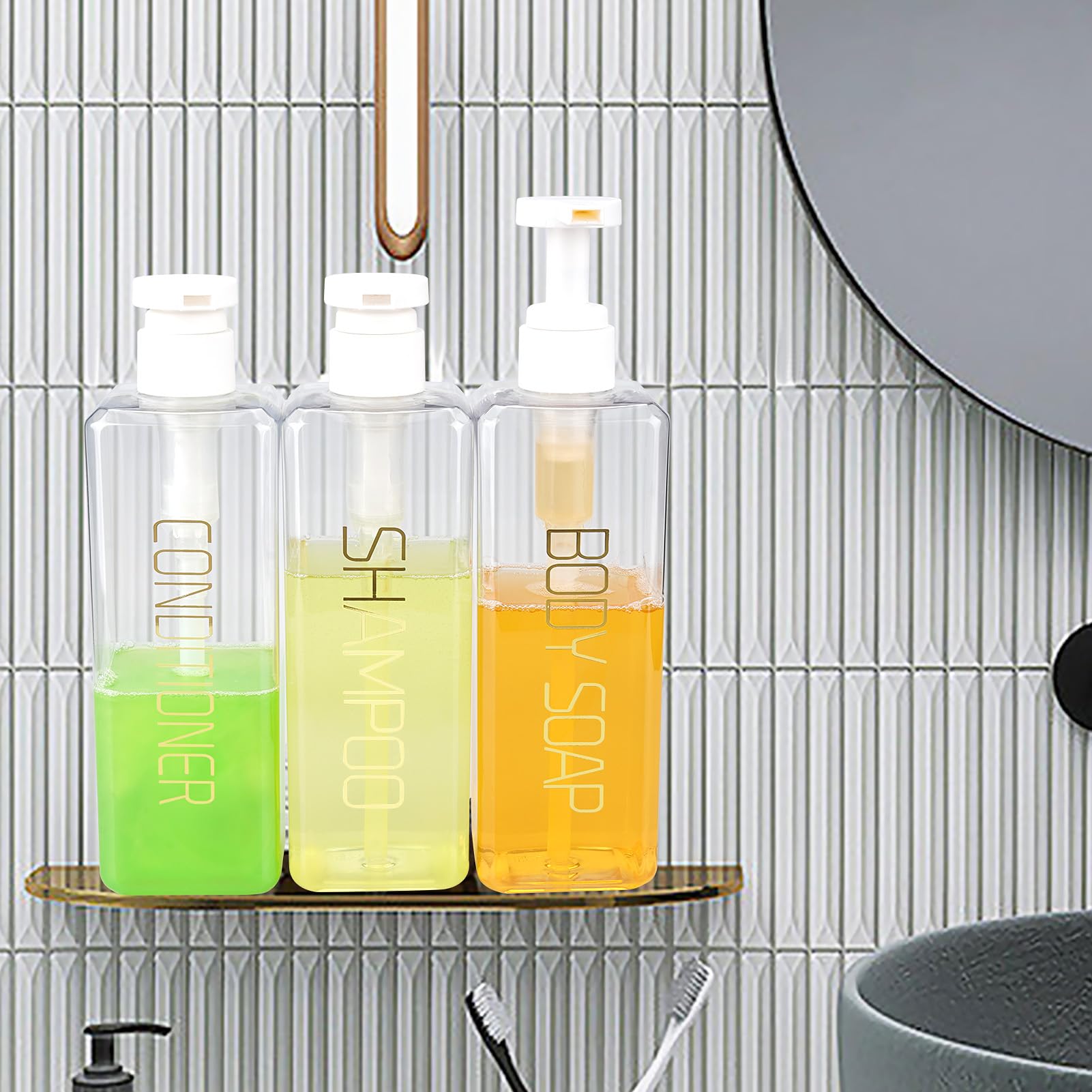 Refillable Shampoo and Conditioner Dispenser Set - 3 Pack 18.6oz/550ml Plastic Pump Bottles for Shower, Bathroom & Gym - Clear Empty Soap Dispensers with Permanent Labels - Perfect for Body Wash, Lotion or Liquid Soap Storage