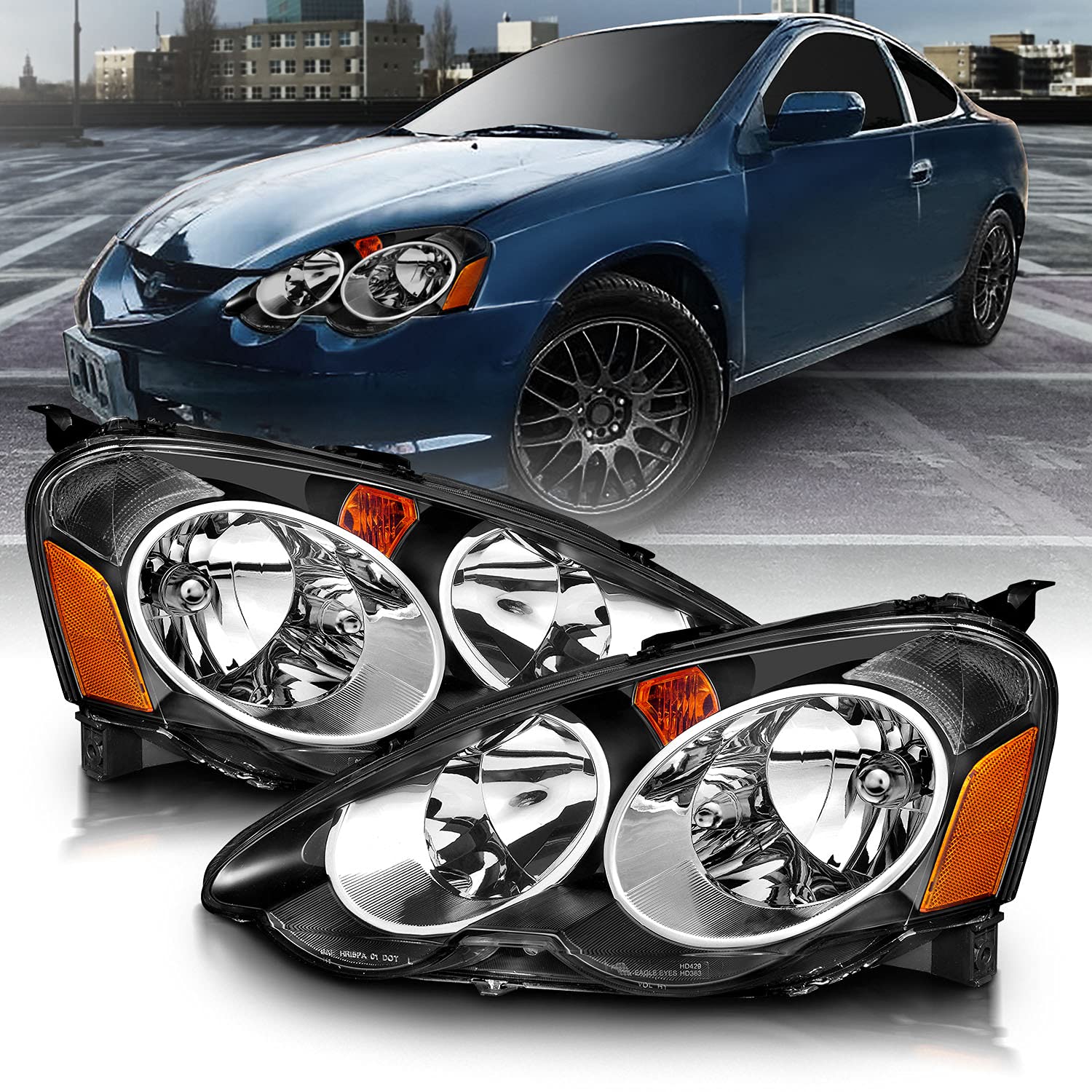 2002-2004 Acura RSX Honda Integra DC5 Black Replacement Headlights with Turn Signal Light Assembly Set - Left & Right Pair - Perfect for Night Driving & Car Restoration Projects