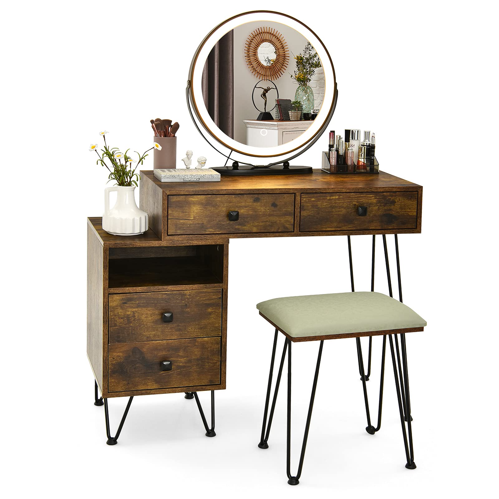 CHARMAID Vanity Desk with Reversible Side Cabinet - Makeup Dressing Table with LED Mirror (3 Color Lights), 4 Drawers, Nightstand & Stool - Rustic Brown - Perfect for Bedroom, Dressing Room & Beauty Salon