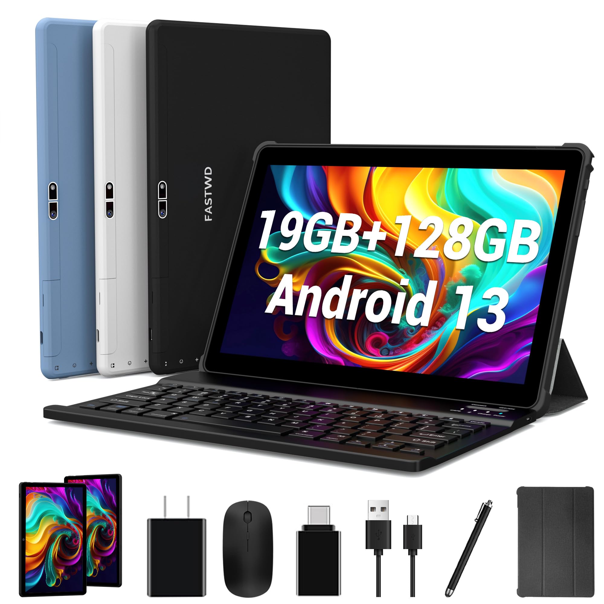 FASTWD 2024 Newest 10 Inch Android 13 Tablet - 5G WiFi, 19GB RAM + 128GB ROM (Expandable to 1TB), 8000mAh Battery, 2-in-1 Tablet with Keyboard, Stylus Pen & Mouse - Perfect for Work, Study & Entertainment (Black)
