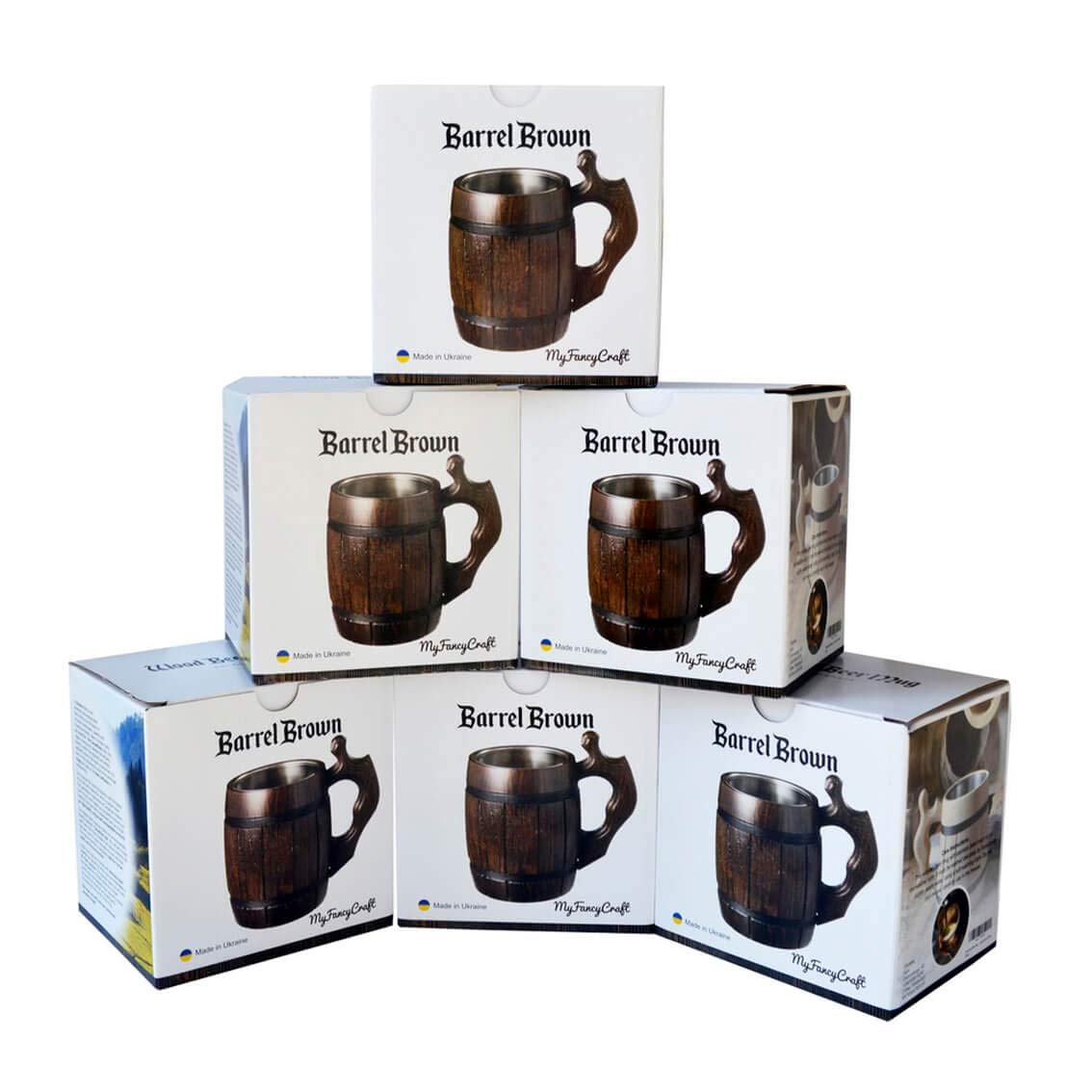 6-Pack 20oz Beer Mugs Set - Stainless Steel Tankard & Wooden Stein - Handmade Gifts for Men (Father's Day, Christmas, Birthday) - Perfect for Home Bars, Parties & Beer Tasting Events - Barrel Brown Design