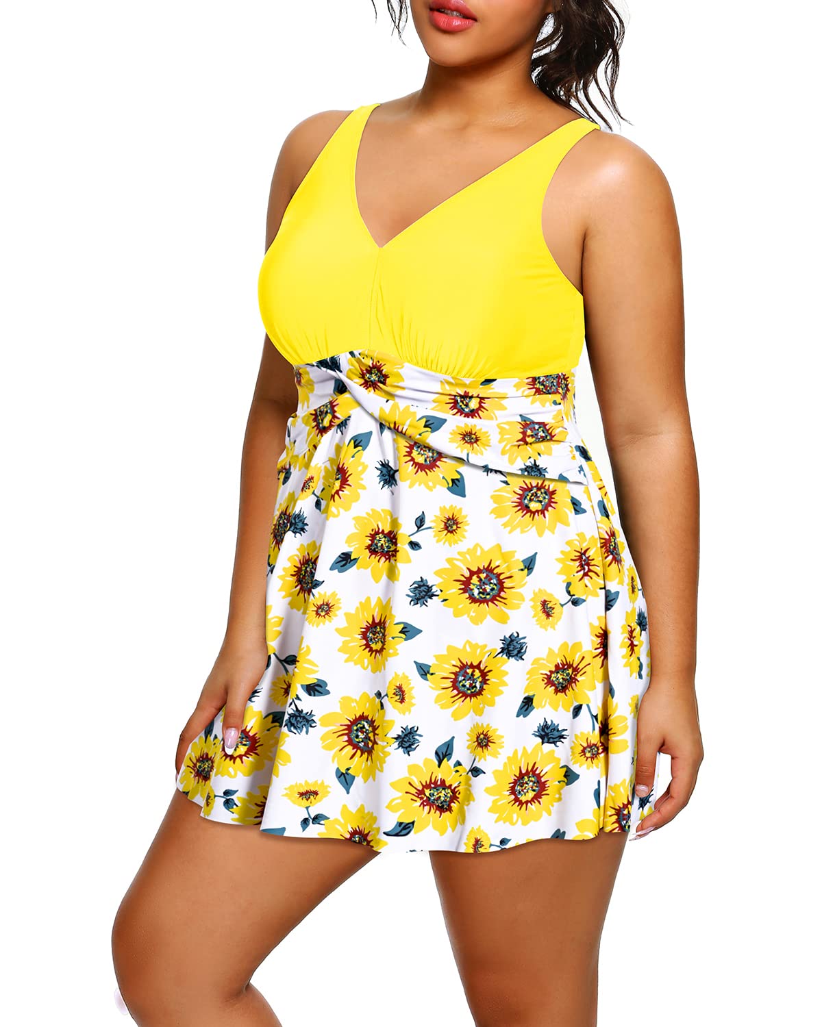 Holipick Plus Size Swim Dress for Women - V Neck One Piece Swimsuit with Skirt Tummy Control Bathing Suit | Beach Vacation, Pool Party, Water Aerobics