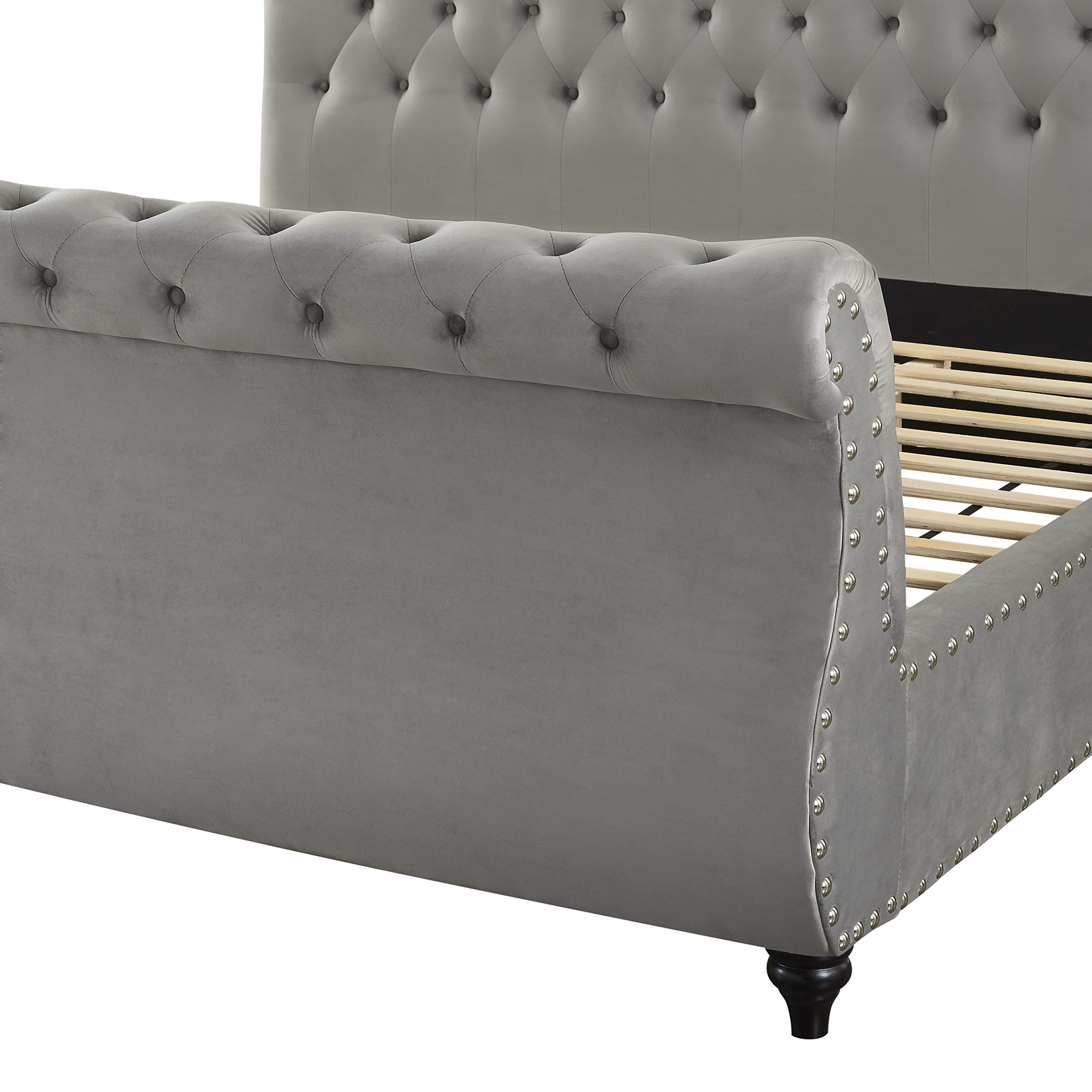 Roundhill Furniture Evora Velvet Upholstered Button Tufted King Size Bed with Storage, Gray - Luxurious Bedroom Furniture for Master Suite & Guest Room
