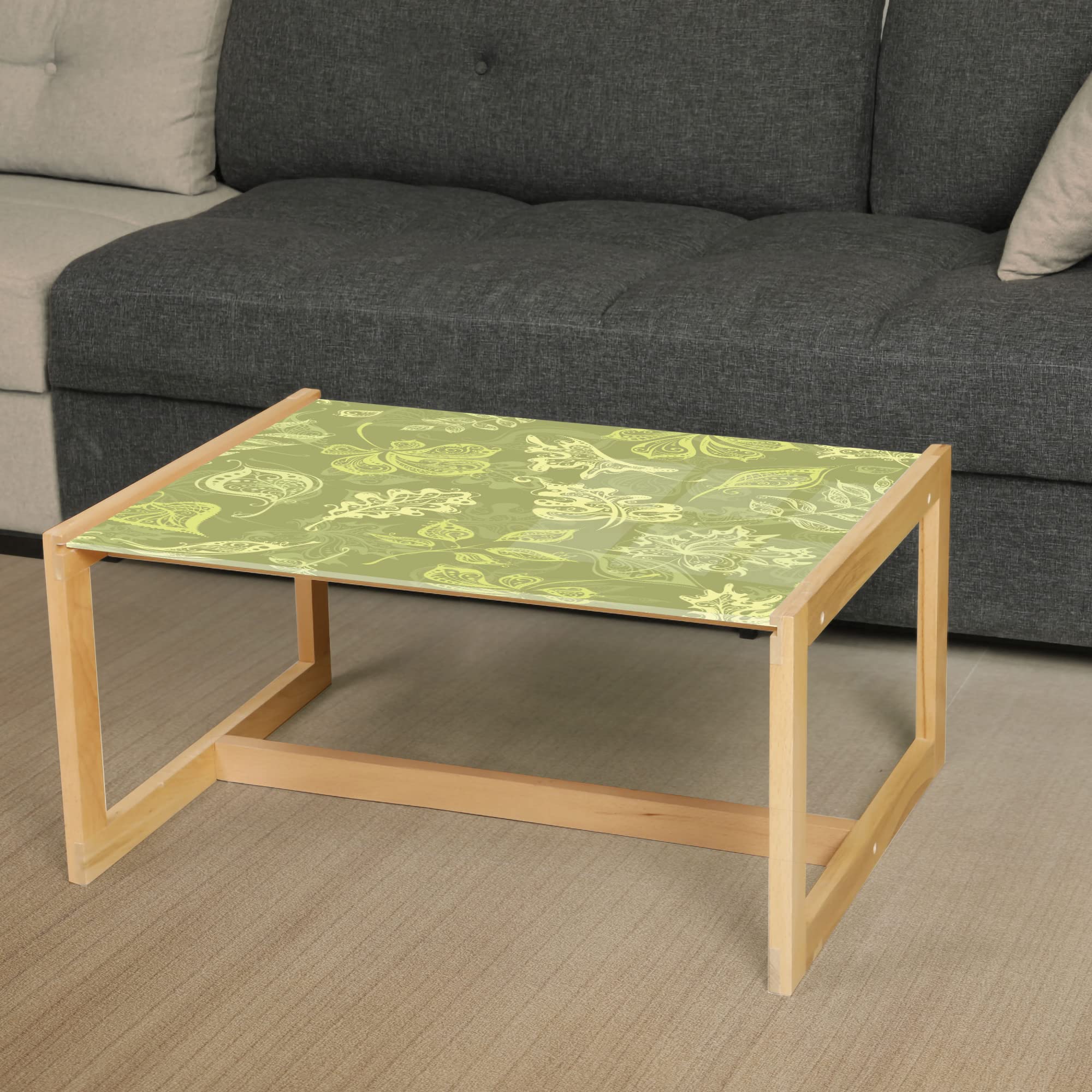 Ambesonne Green Olive Leaf Coffee Table - Acrylic Glass Top with Wooden Frame, Large Modern Center Table for Office, Dorm, Living Room - Home Decor & Plant Lover Gift Idea