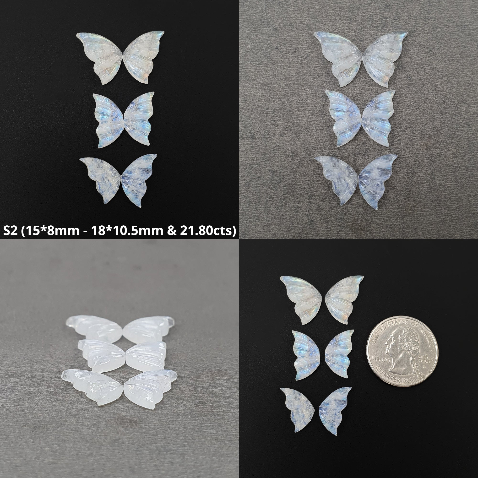 Natural Untreated Moonstone Butterfly Carving Set - Handcrafted 3-Pair Gemstone Jewelry for Meditation, Healing & Spiritual Gifts