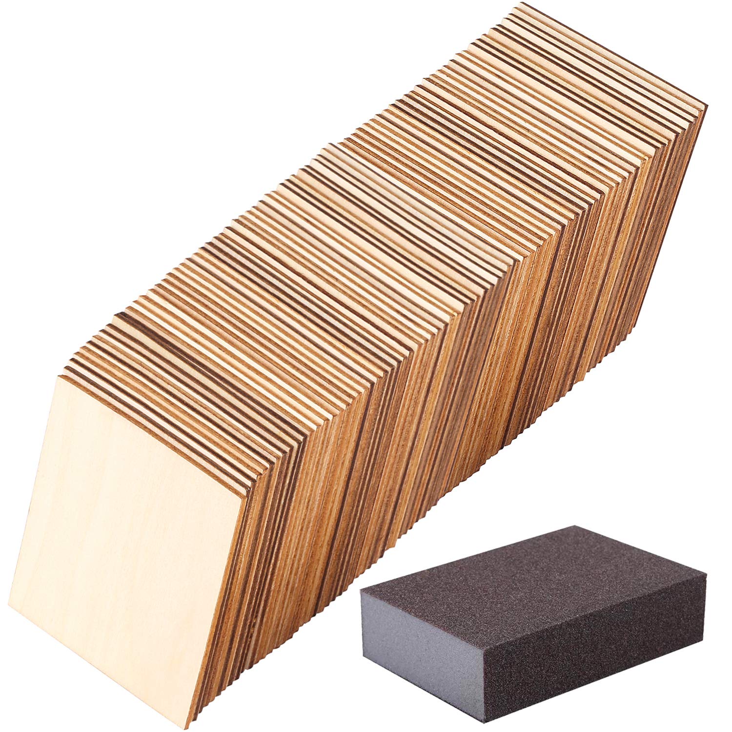 80 Unfinished 4x4 Inch Square Wooden Craft Tiles with Sanding Sponge - Perfect for DIY Painting, Calligraphy, Wood Burning & Home Decor Projects (80-Piece Set)