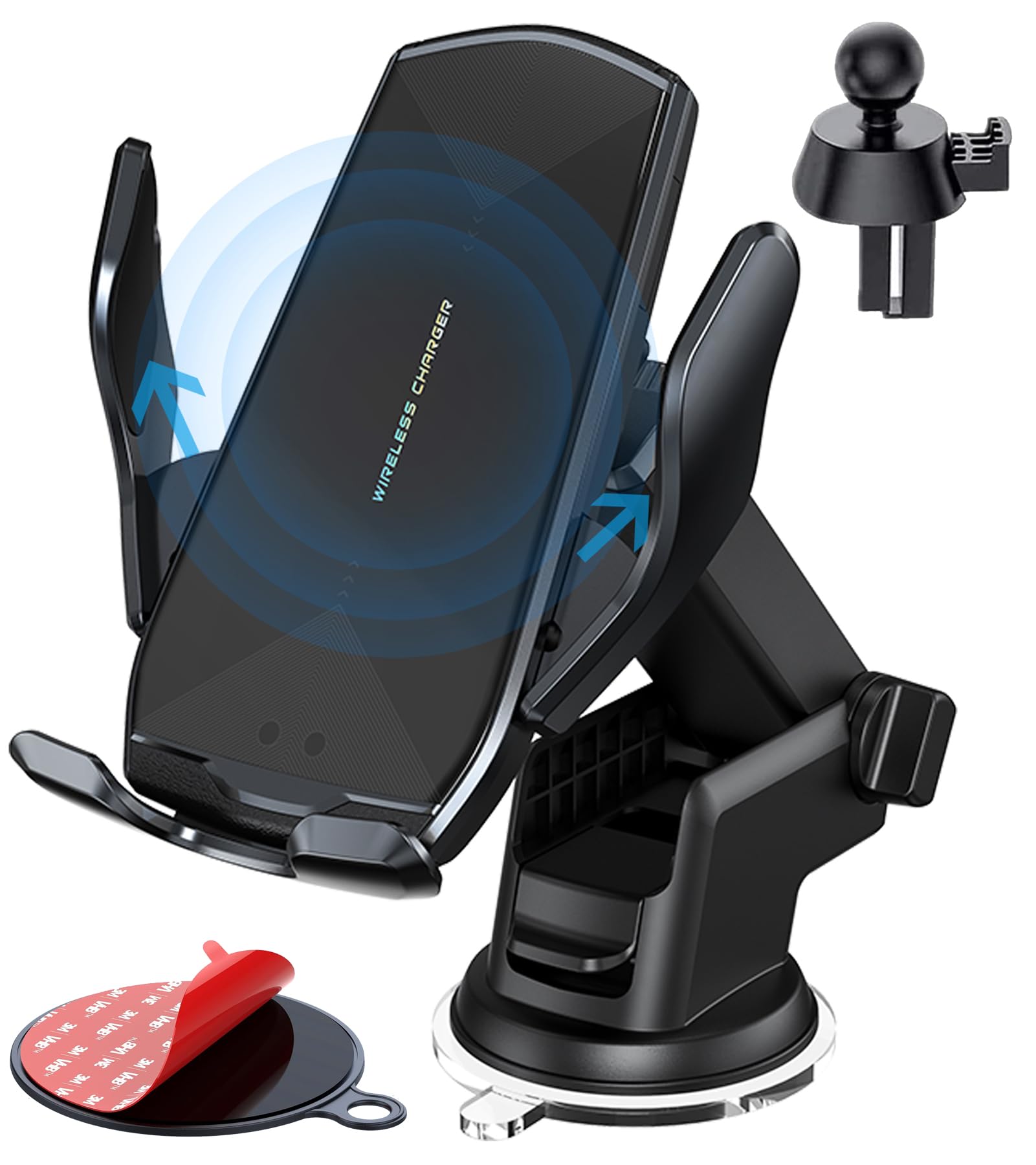 15W Qi Fast Wireless Car Charger Mount - Auto-Clamping Phone Holder for iPhone 13/12/11, Samsung S20/S10/S9/S8, LG - Air Vent, Windshield & Dashboard Mount with Long Arm & Suction Cup - Perfect for Commuting, Road Trips & GPS Navigation