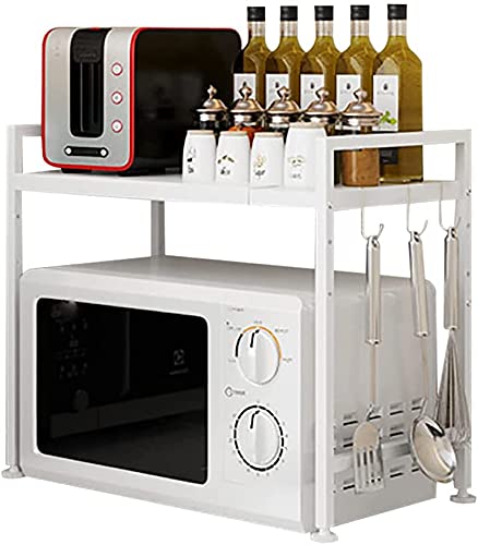 2 Tier Stainless Steel Microwave Shelf Organizer - Expandable Kitchen Shelf with 3 Hooks for Microwave Oven & Stove - Space Saving H-Type Rack for Small Kitchens (White) - Perfect for Countertop Organization & Cooking Utensil Storage