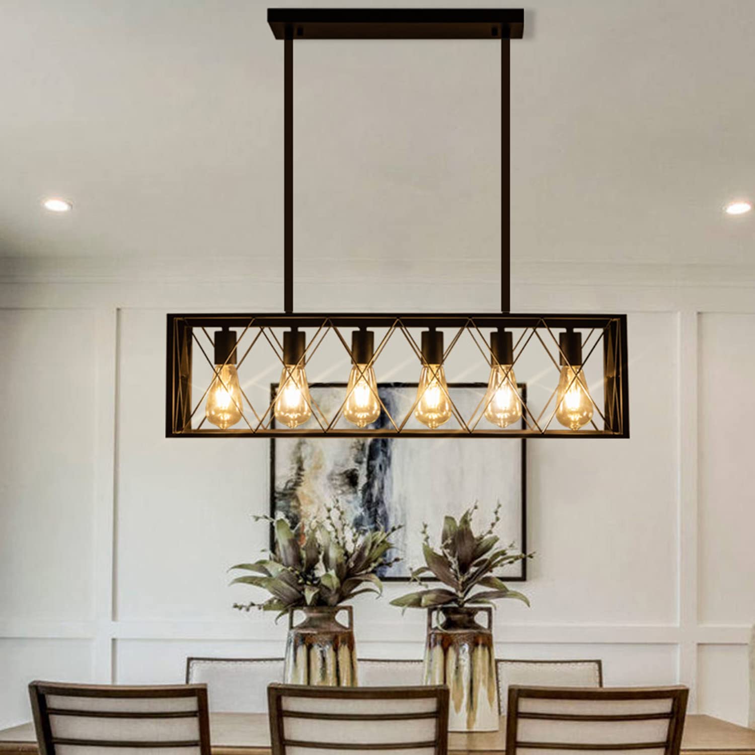 **6-Light Black Metal Industrial Pendant Lighting - Vintage Farmhouse Rectangular Chandelier for Kitchen Island, Dining Room & Living Room | Modern Rustic Decor, Durable Hanging Fixture**    *(Perfect for Farmhouse, Industrial, or Vintage-Style Home Decor – Ideal Over Kitchen Islands, Dining Tables, or Living Room Accent Lighting)*