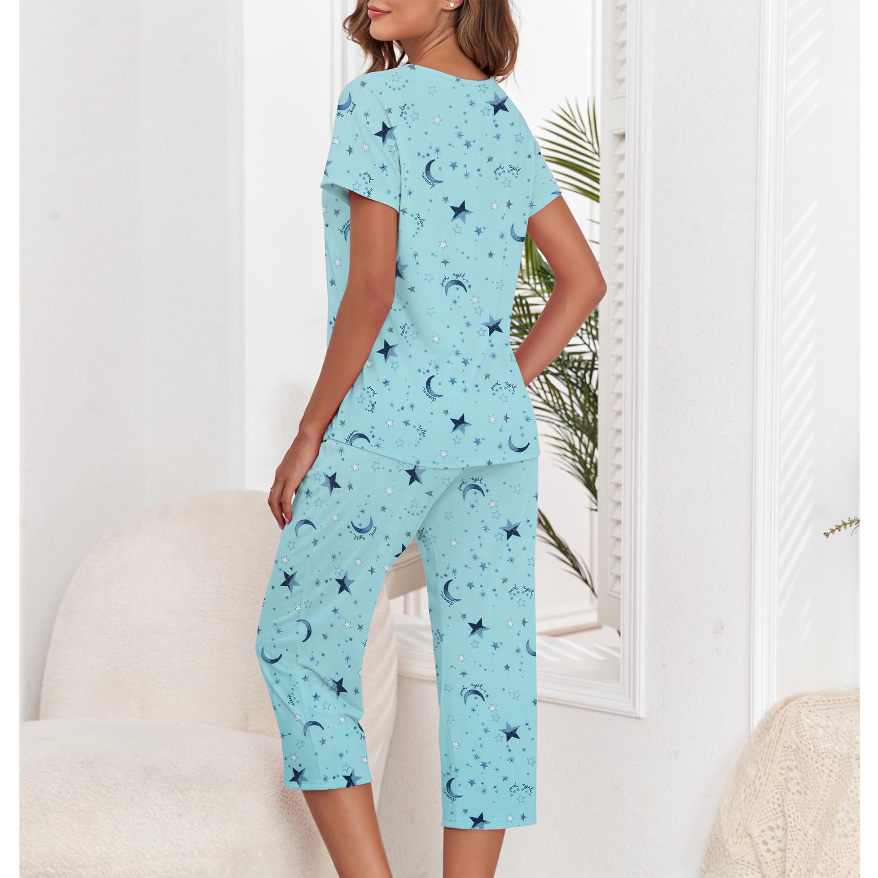 Zando Women's 2-Piece Pajama Set - Cartoon Print Lounge & Sleepwear with Pants & Capri - Soft Matching PJS for Comfortable Nights & Relaxing at Home