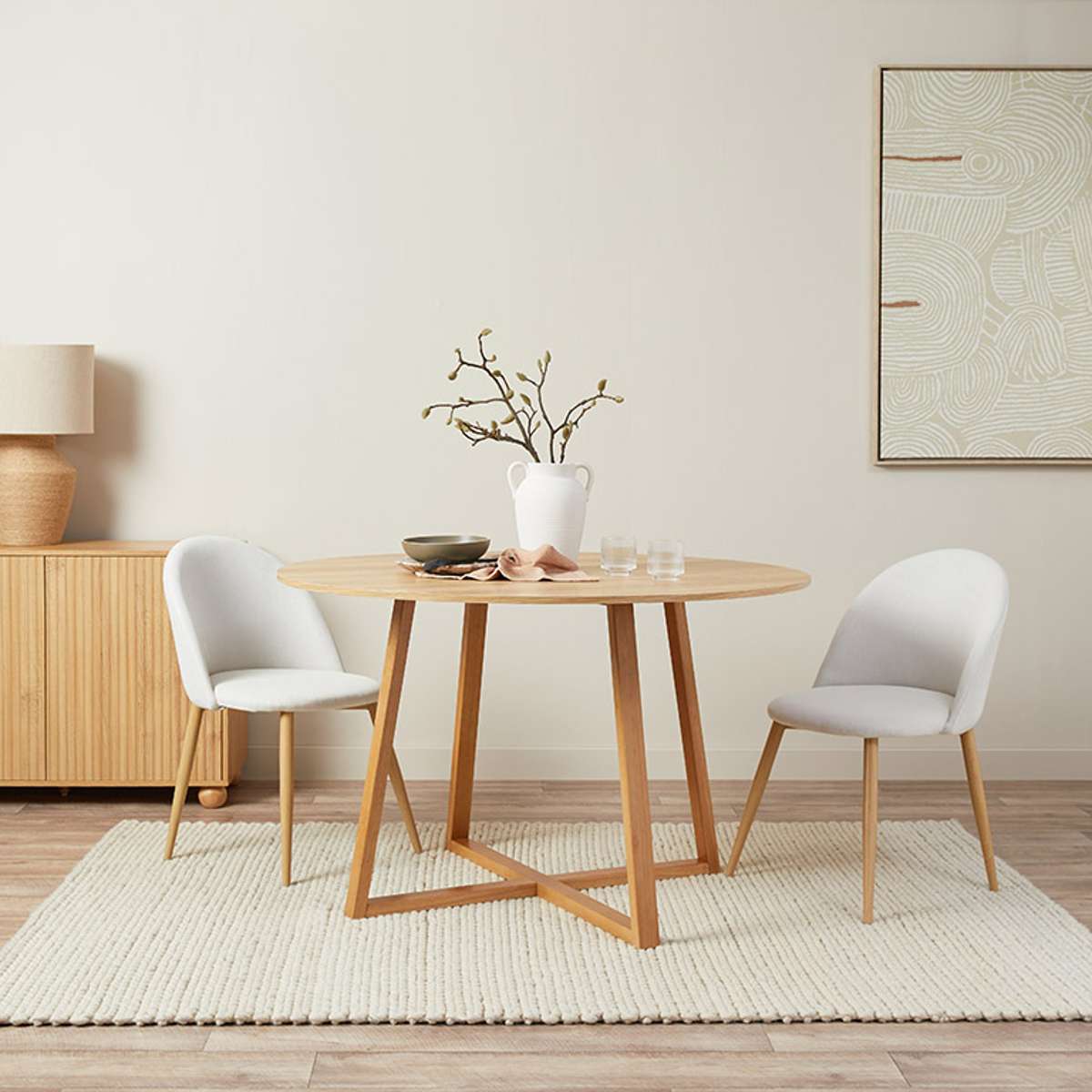 Kyoto Natural and Willa Cream 5-Piece Dining Set - Modern Wooden Table & Chairs for Small Spaces, Kitchen, Breakfast Nook, and Apartment Dining