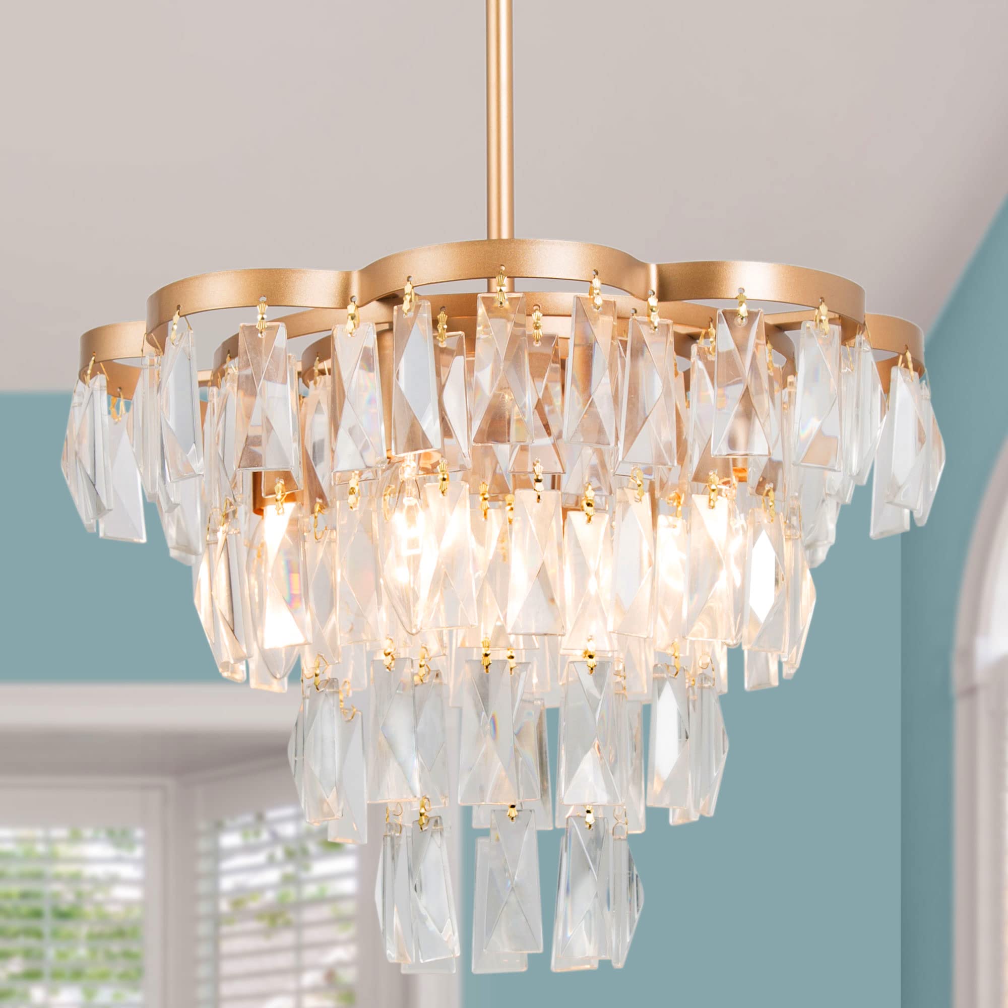 Durent Lighting Gold Crystal Chandelier - 4-Light Modern Tiered Dining Room Ceiling Fixture, 15.5