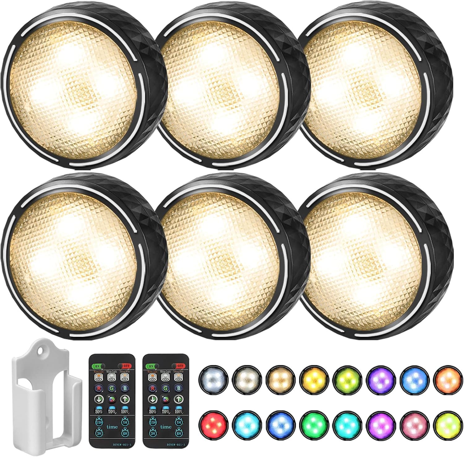Onumii 6-Pack LED Puck Lights with Remote - Battery Operated Wireless Under Cabinet Lighting, Color Changing Tap Lights for Kitchen, Closet, Shelf & Display Case - Black (Timer Function, Easy Stick-On Installation) - Perfect for Home Decor, Night Lights & Accent Lighting
